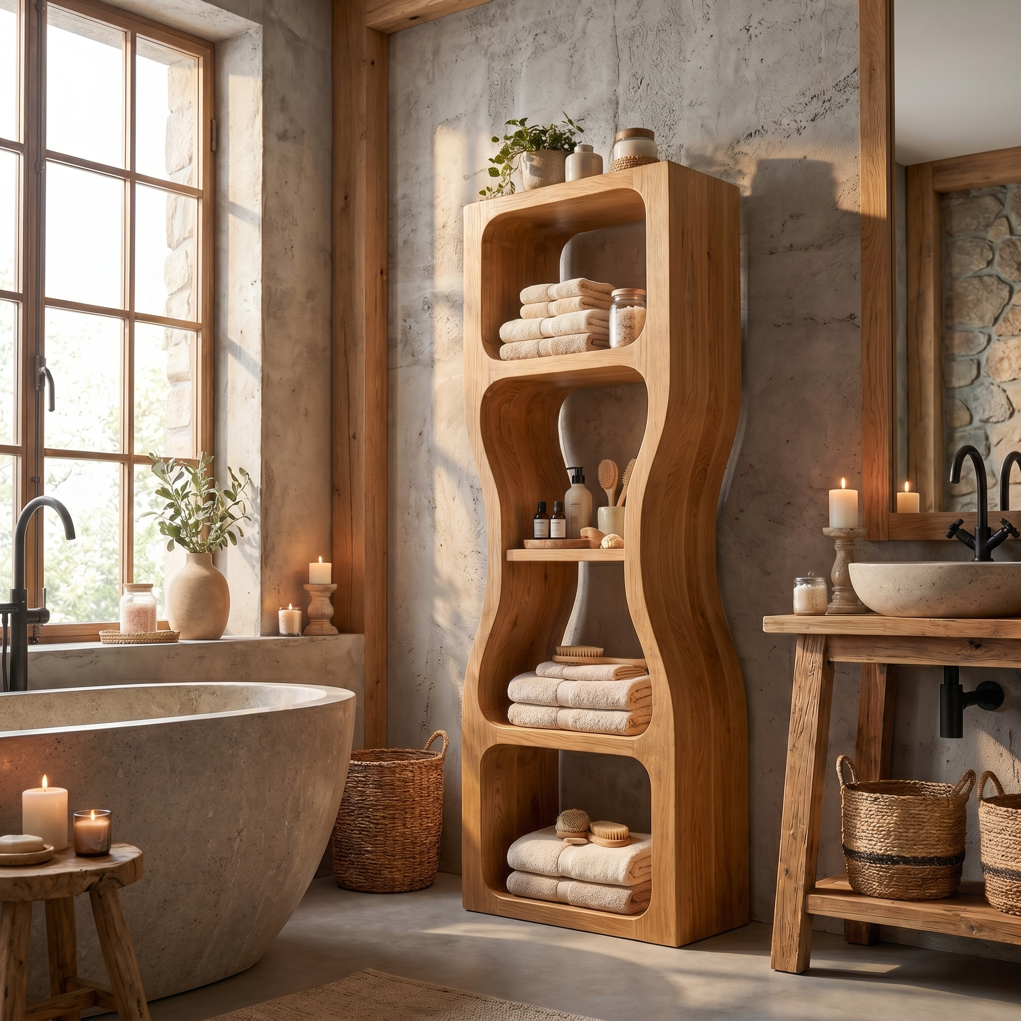 Rustic Modern Bathroom Storage Cabinet With Sculptural Wave Design And Open Shelves For Bathroom SINLSABCT027
