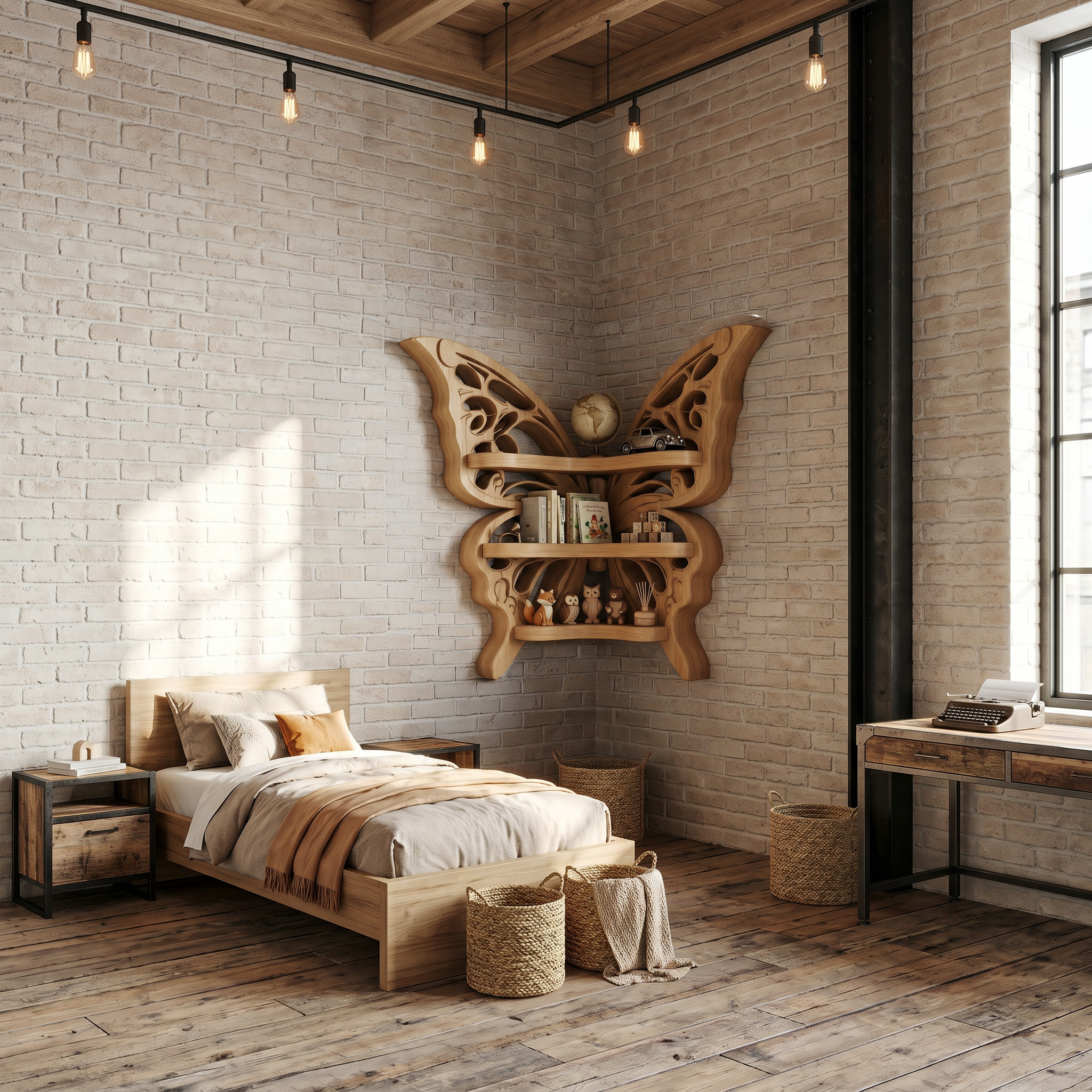 Sculptural Butterfly Floating Shelf With Handcrafted Solid Wood Design For Living Room SINLSAFL544