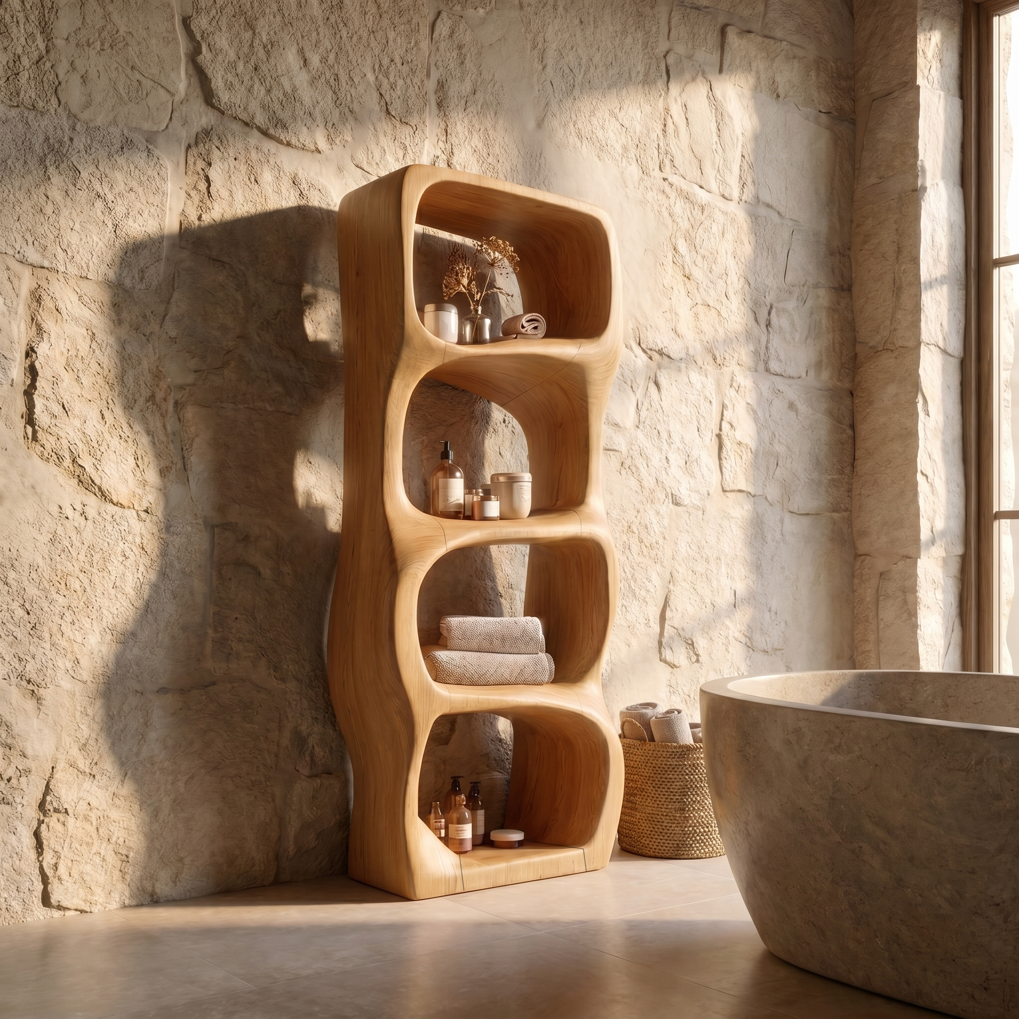 Modern Organic Bathroom Storage Cabinet With Rounded Sculptural Shelves And Open Storage For Bathroom SINLSABCT028