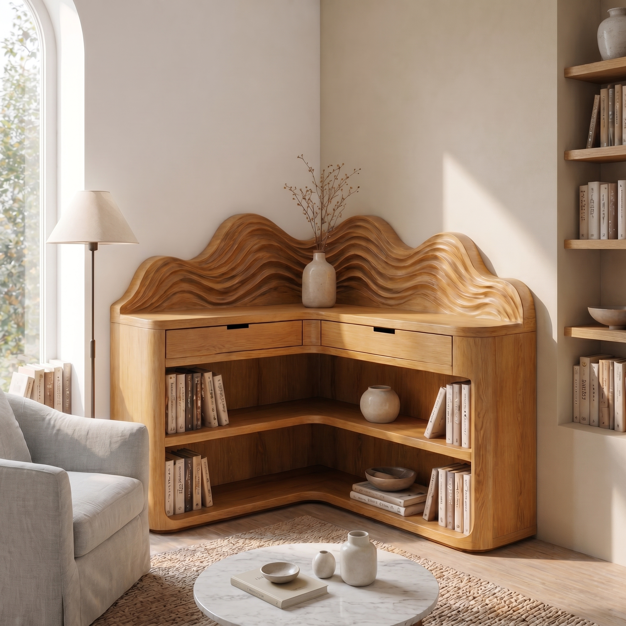 Scandinavian Wave Top Corner Bookshelf With Multi Tier Open Shelves For Living Room And Bedroom SINLSABS023