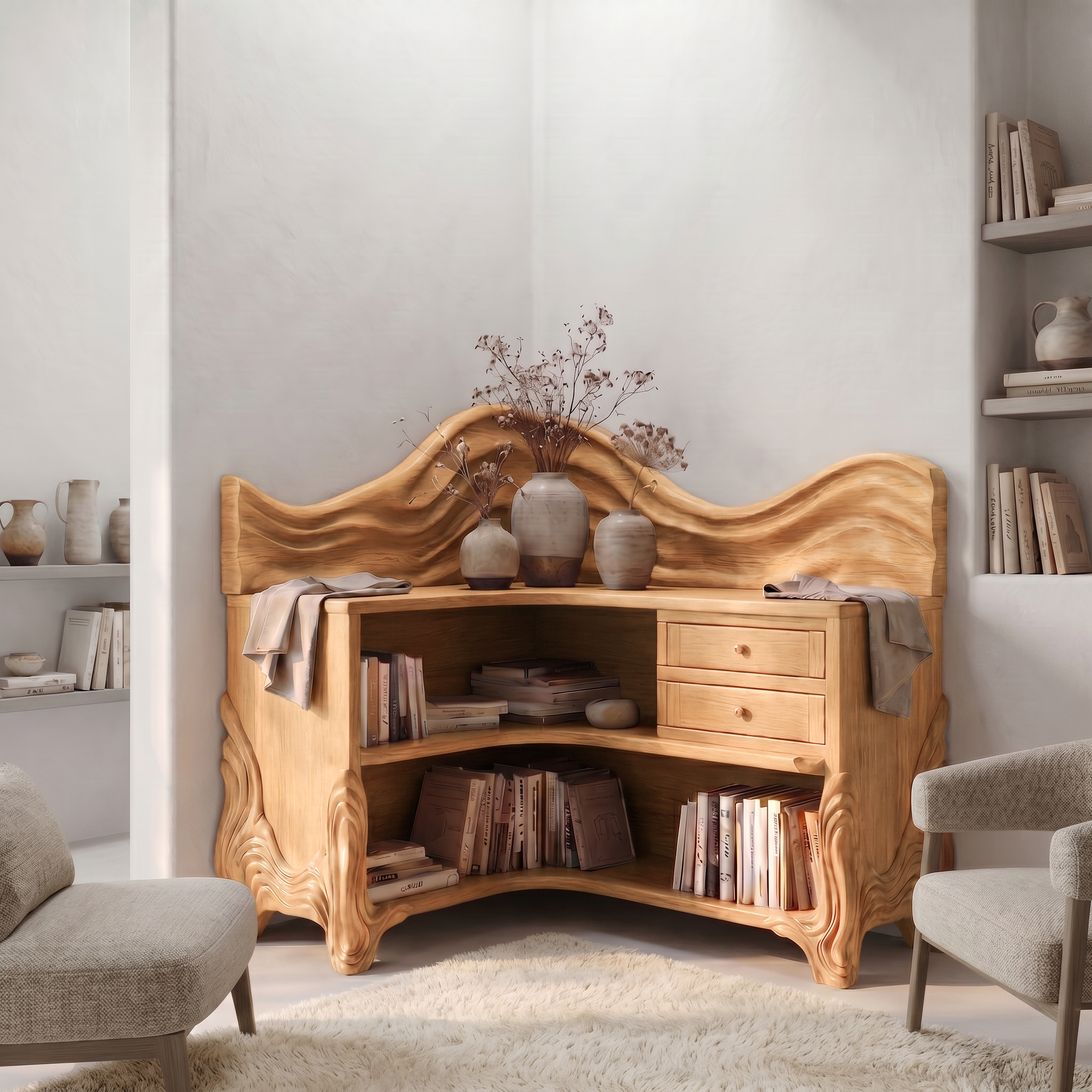 Rustic Wave Top Corner Bookshelf With Sculptural Wooden Shelves And Open Storage For Living Room And Bedroom SINLSABS025