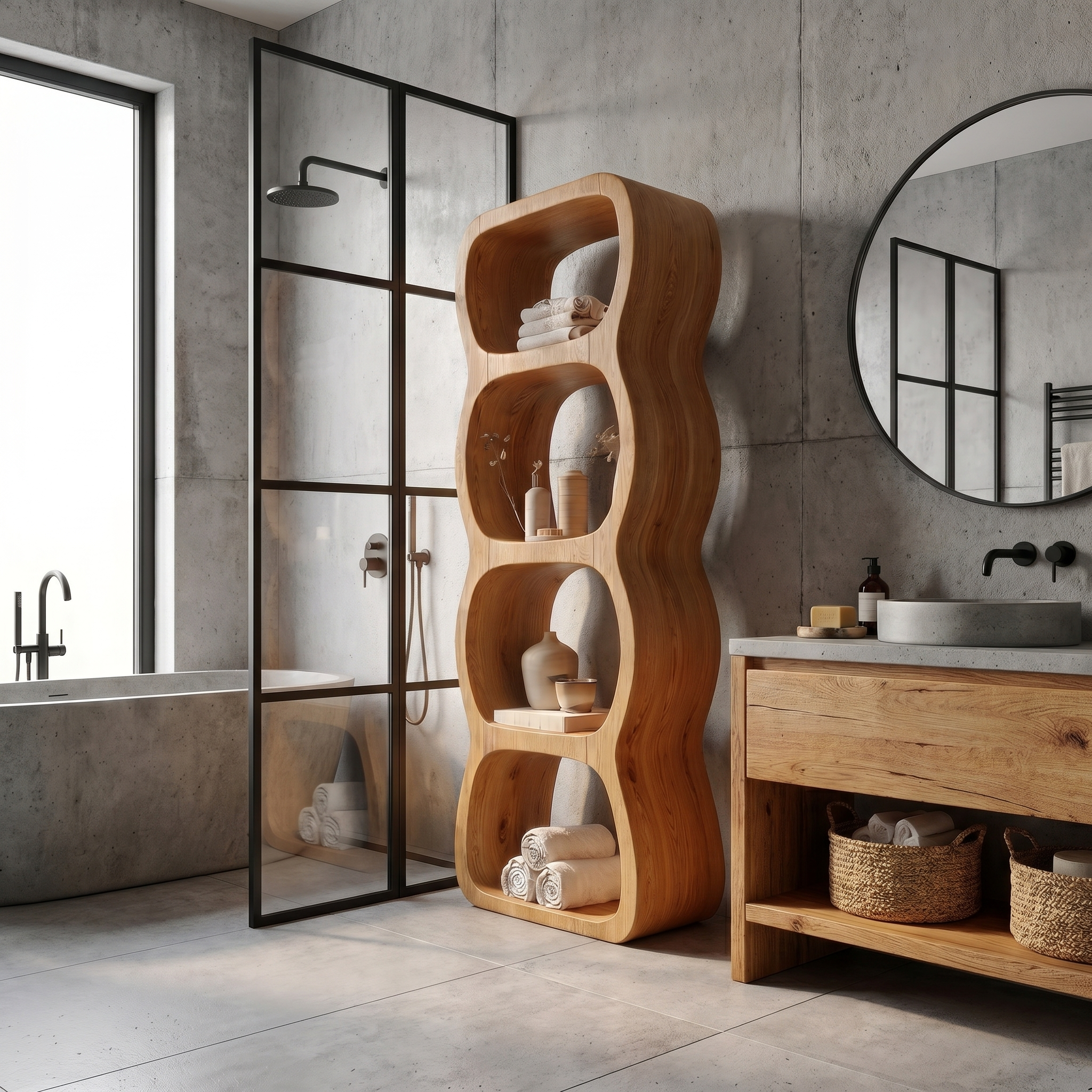 Rustic Bathroom Cabinet With Curved Wave Shape Design SINLSABCT031