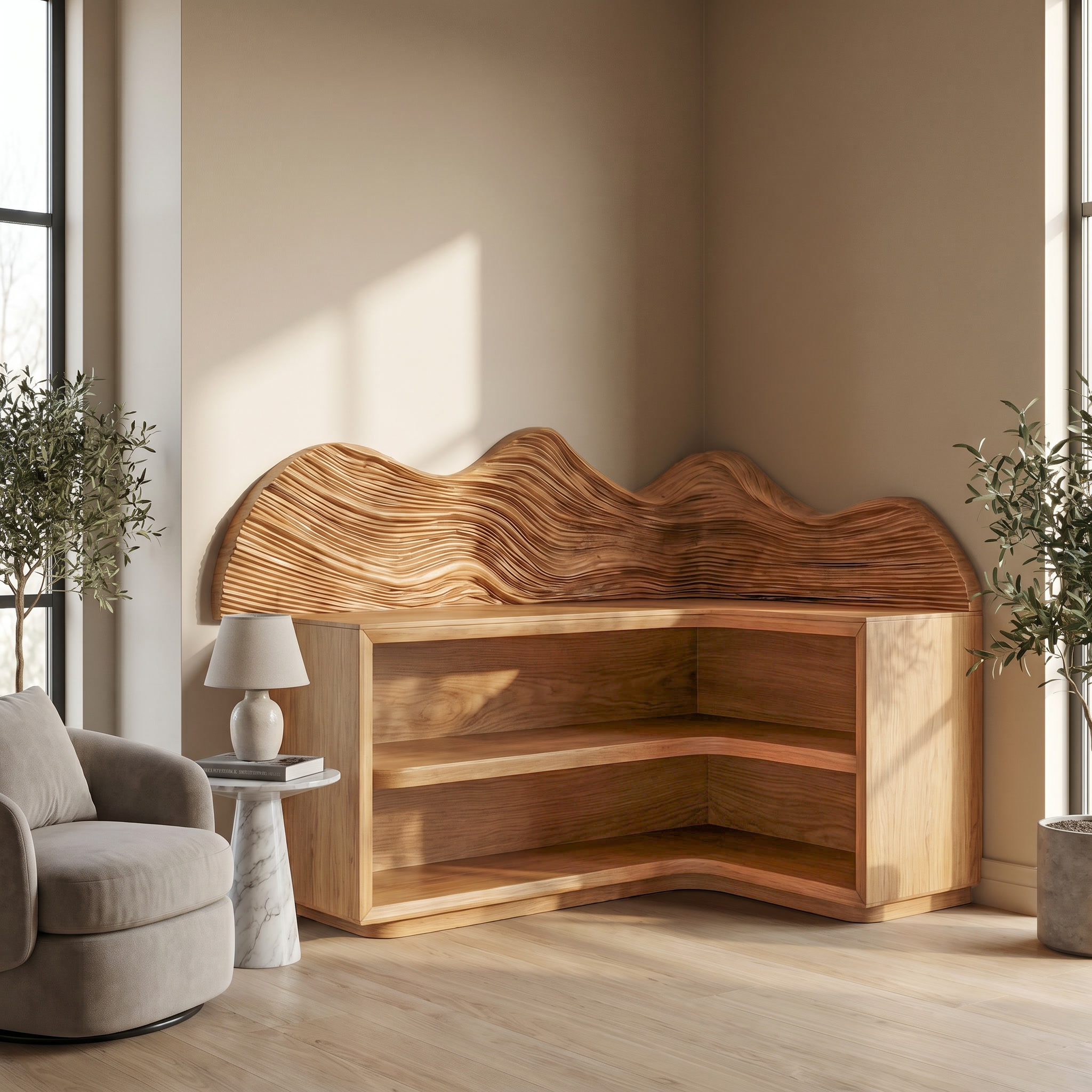 Contemporary Corner Bookcase With Sculptural Wooden Shelves For Living Room SINLSABS030