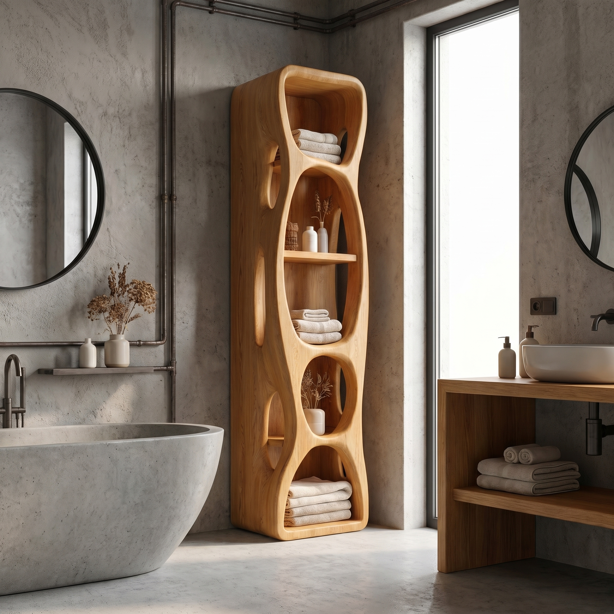 Sculptural Bathroom Cabinet With Hollow Cut Design And Open Shelving For Bathroom SINLSABCT032