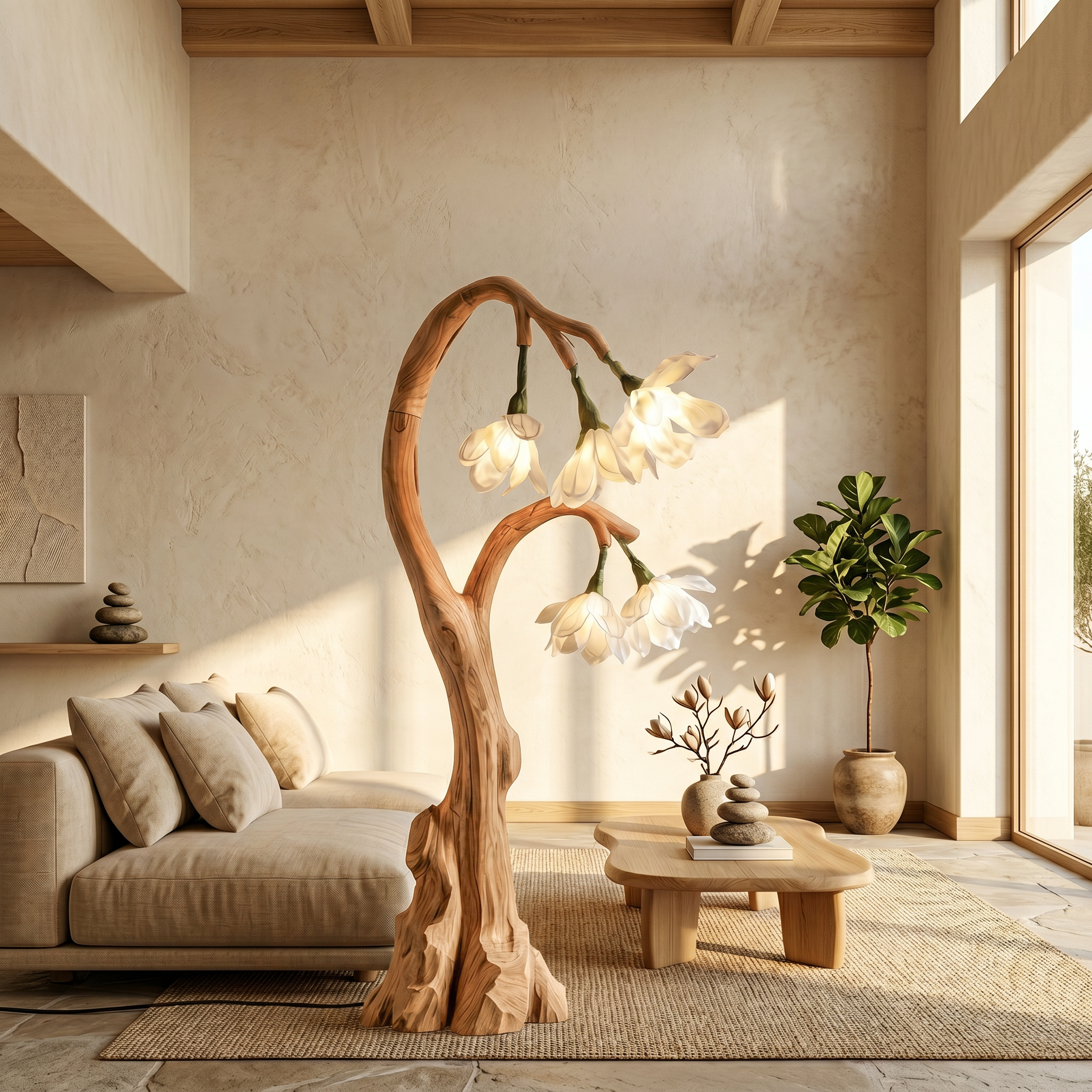 Artistic Floral Floor Lamp With Natural Wood Base For Living Room And Bedroom SINLSAFLP077