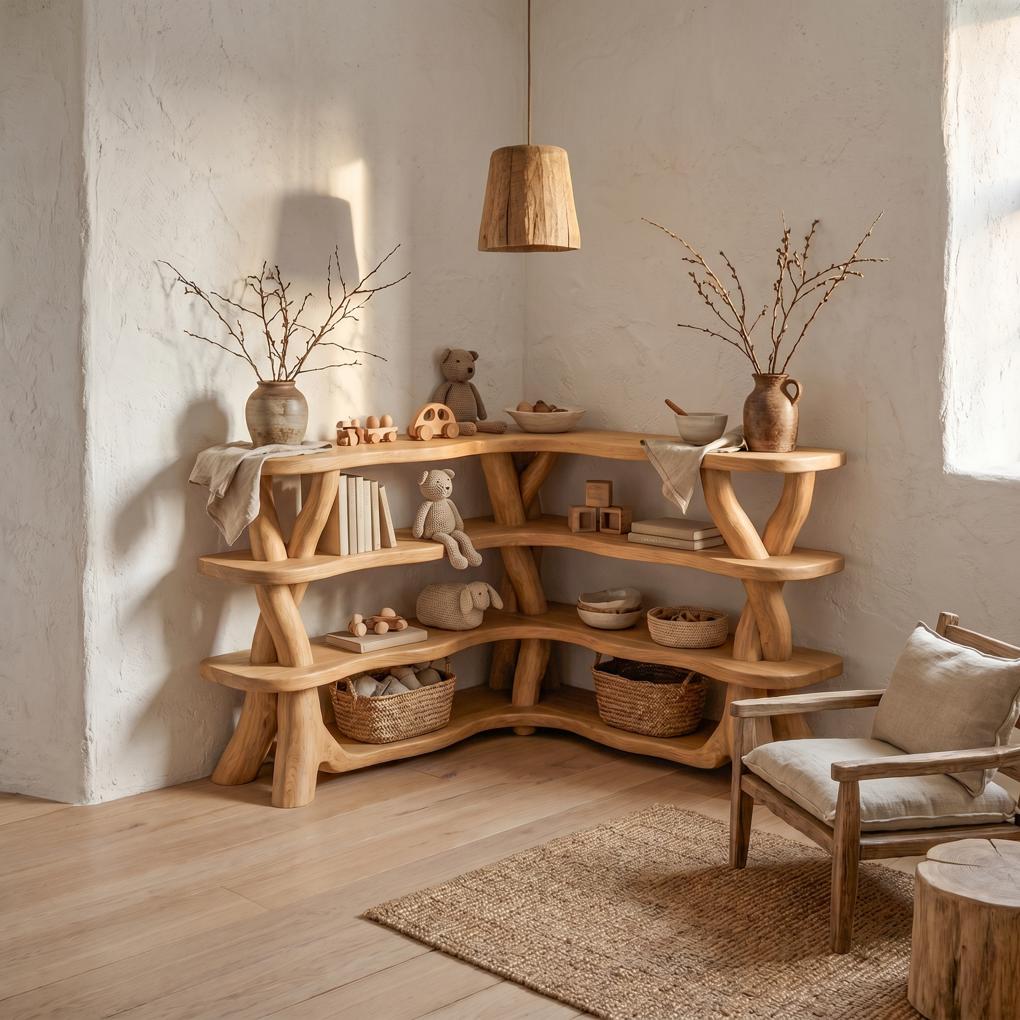 Rustic Organic Corner Bookshelf With Sculptural Tree Branch Shelves For Living Room And Bedroom SINLSABS017
