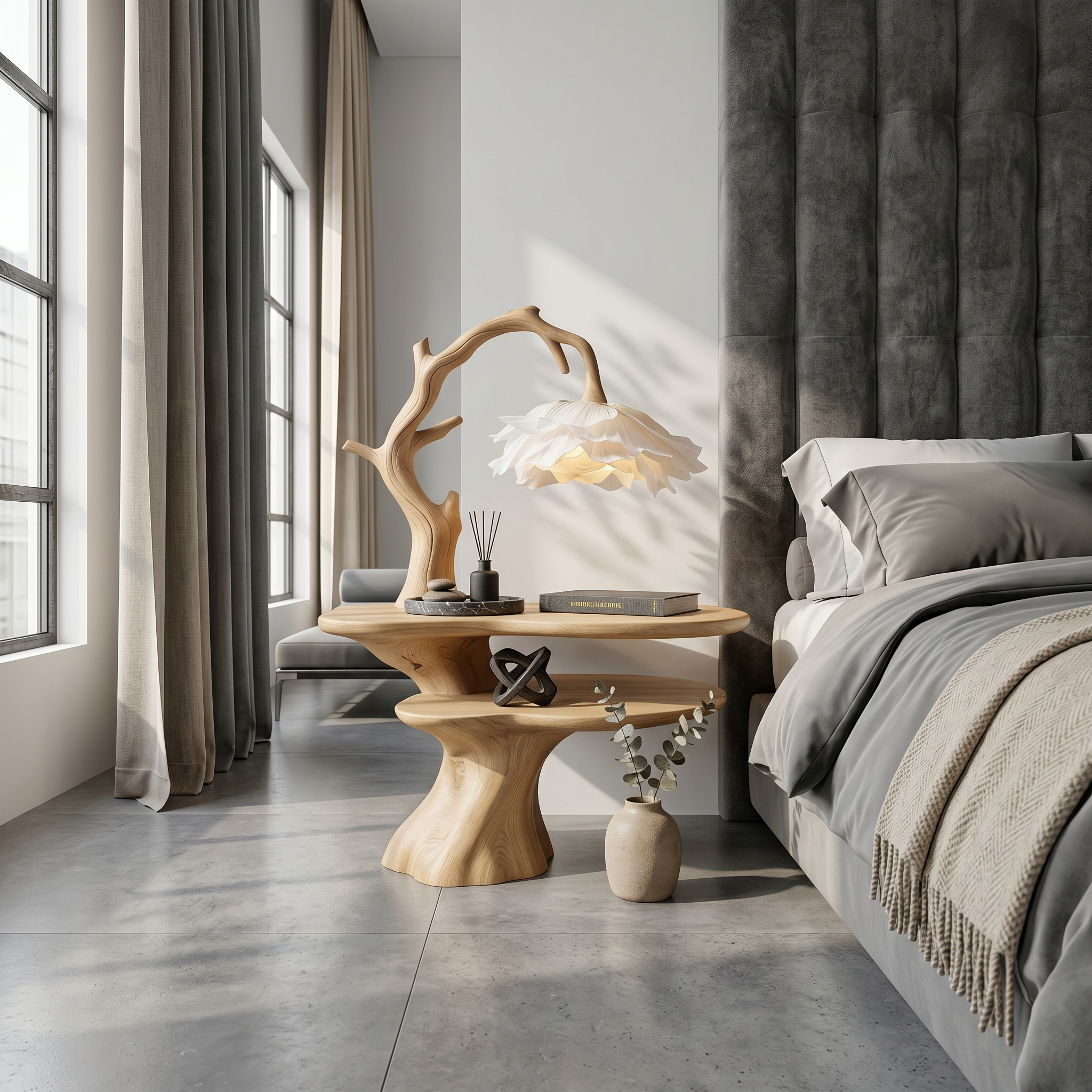 Natural Bedside Table With Floral Lamp And Tree Branch Form For Bedroom And Guest Room SINLSABT270