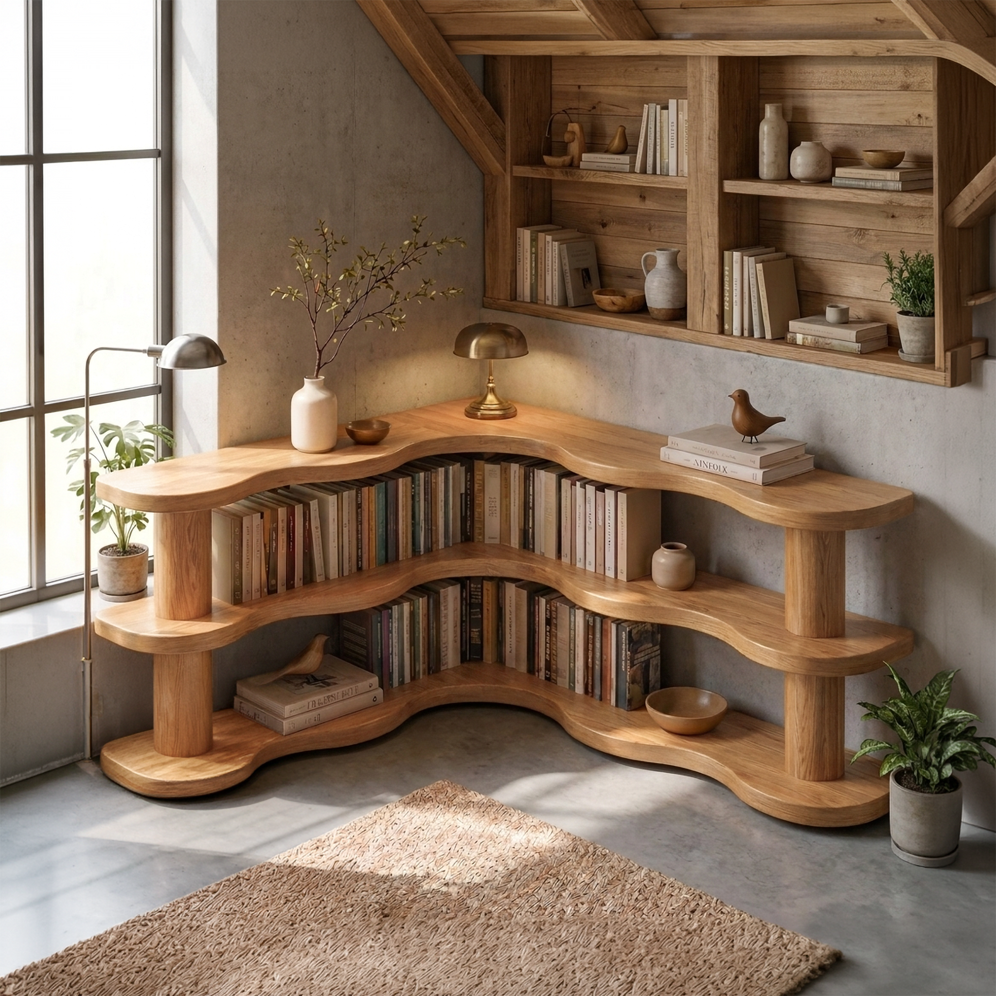 Rustic Modern Corner Bookshelf With Multi Tier Wooden Shelves For Living Room And Bedroom SINLSABS014