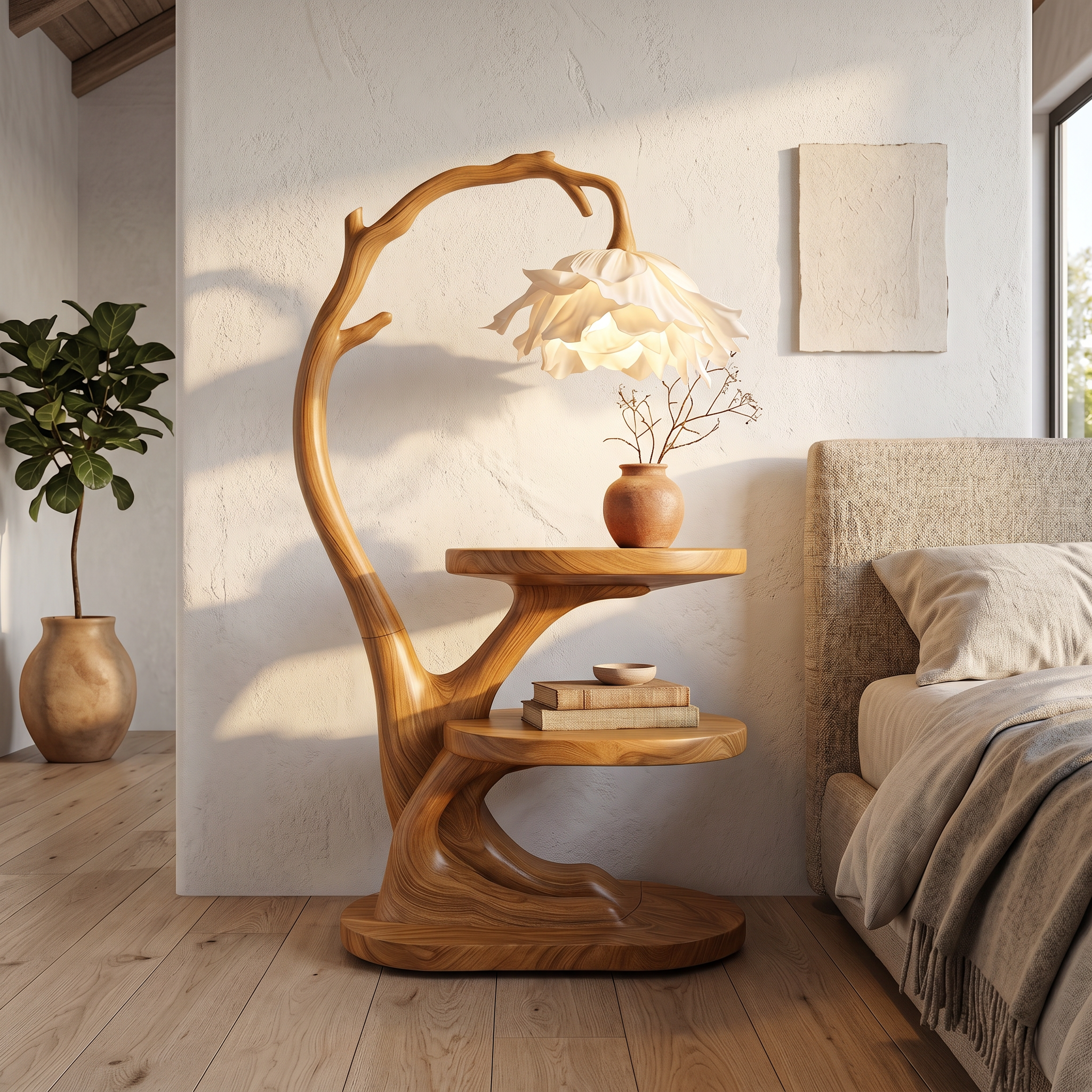 Organic Bedside Table With Sculptural Flower Lamp For Bedroom And Reading Nook SINLSABT273