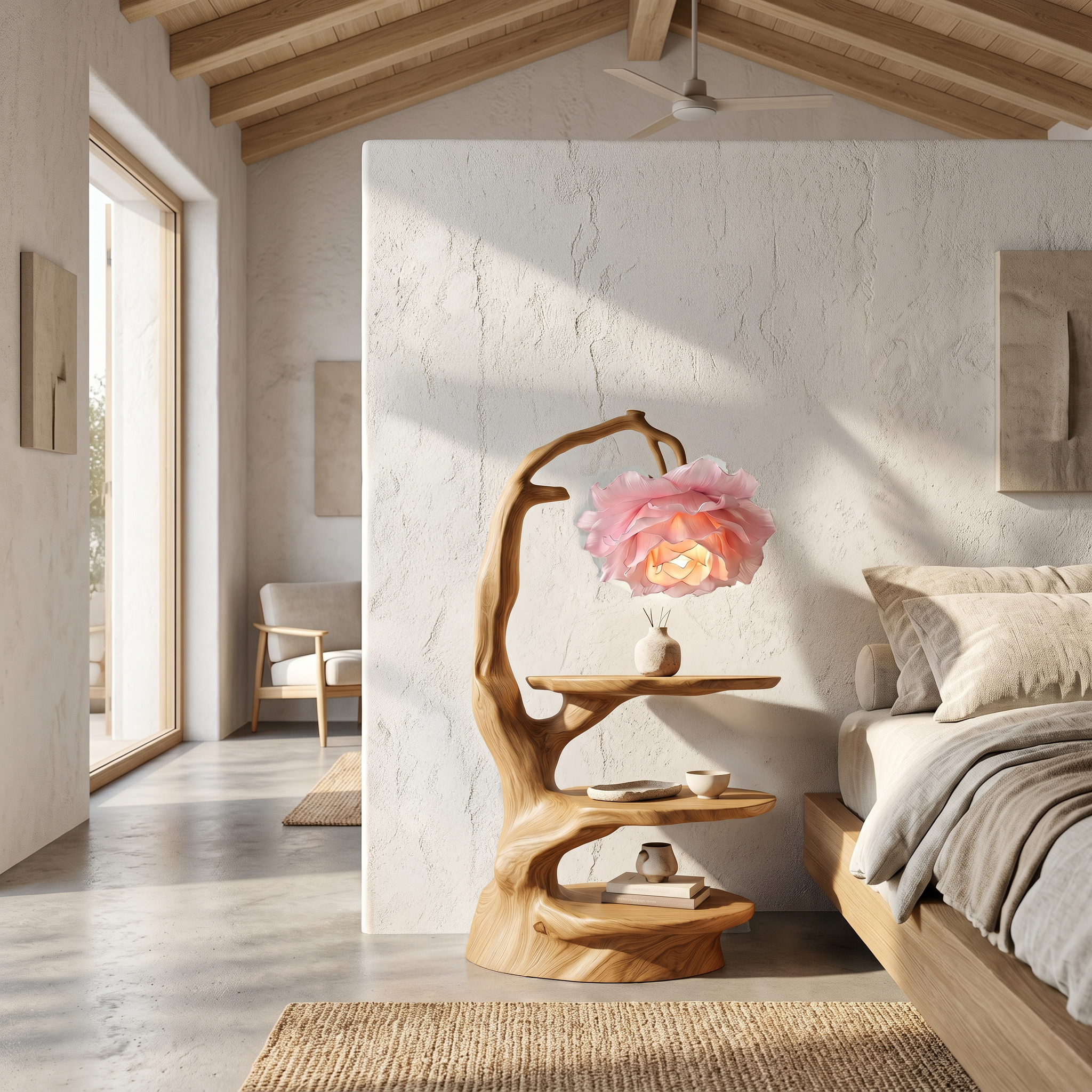 Natural End Table With Tree Branch Form And Flower Lamp For Bedroom And Reading Nook SINLSABT276