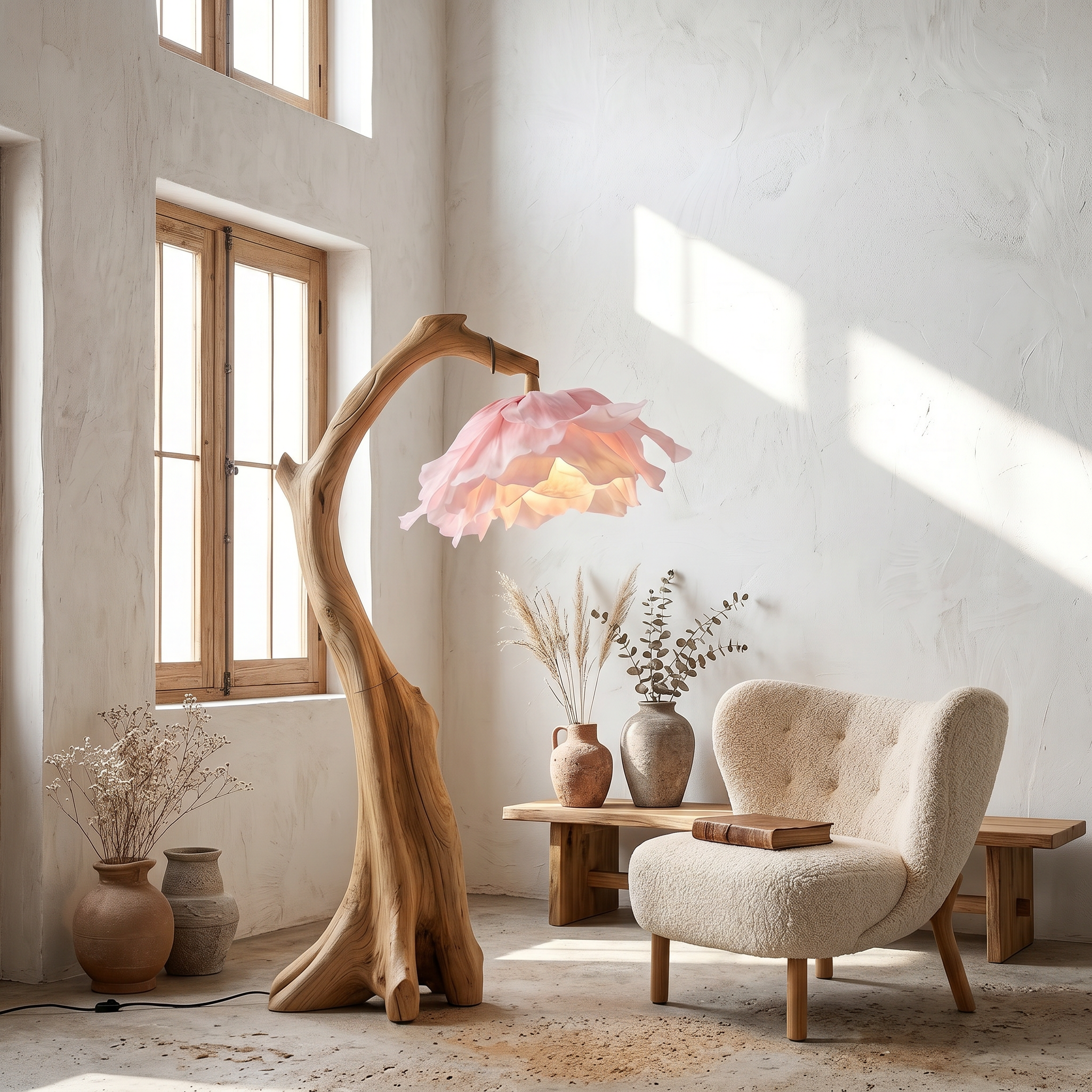Handmade Flower Floor Lamp With Sculptural Wood Base For Living Room And Bedroom SINLSAFLP079