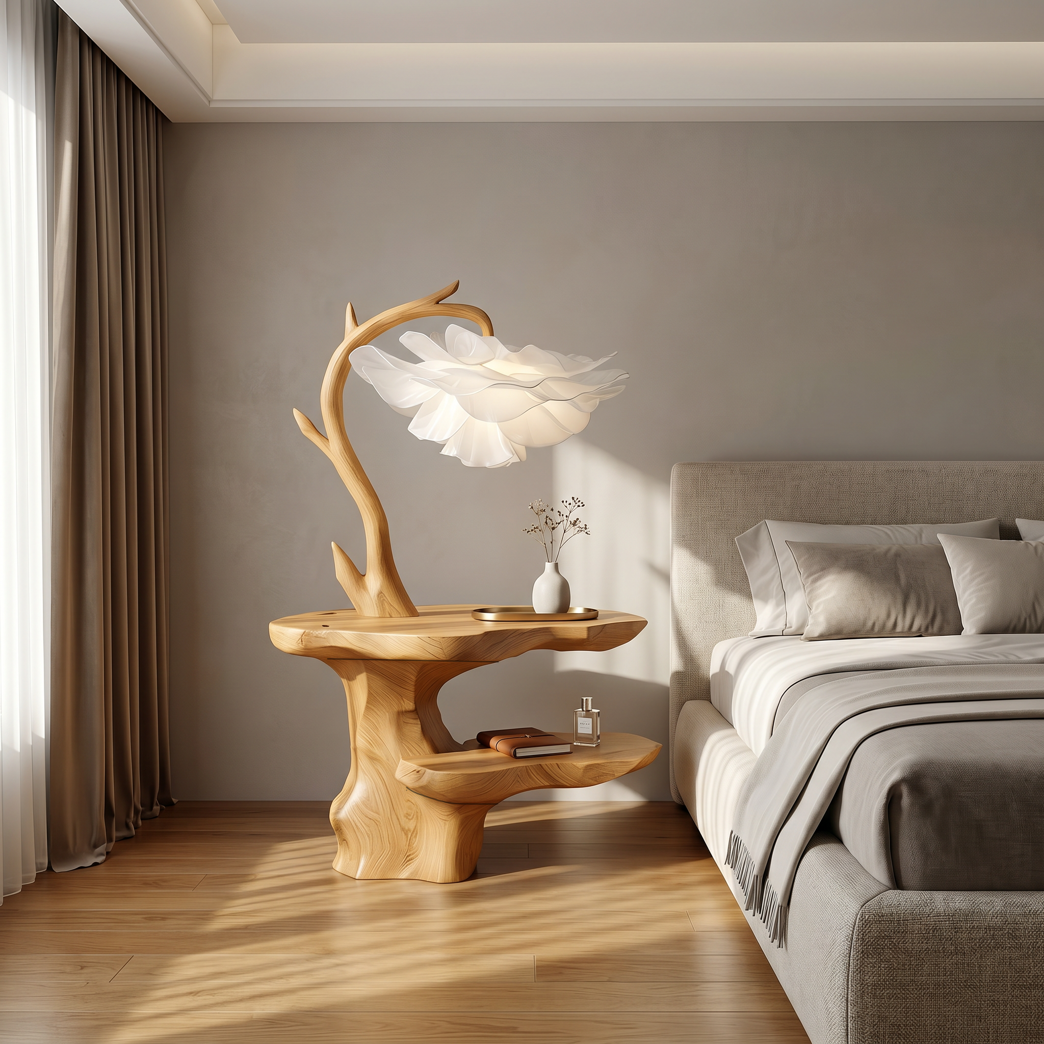 Organic End Table With Flower Lamp And Tree Branch Design For Bedroom And Reading Nook SINLSABT271