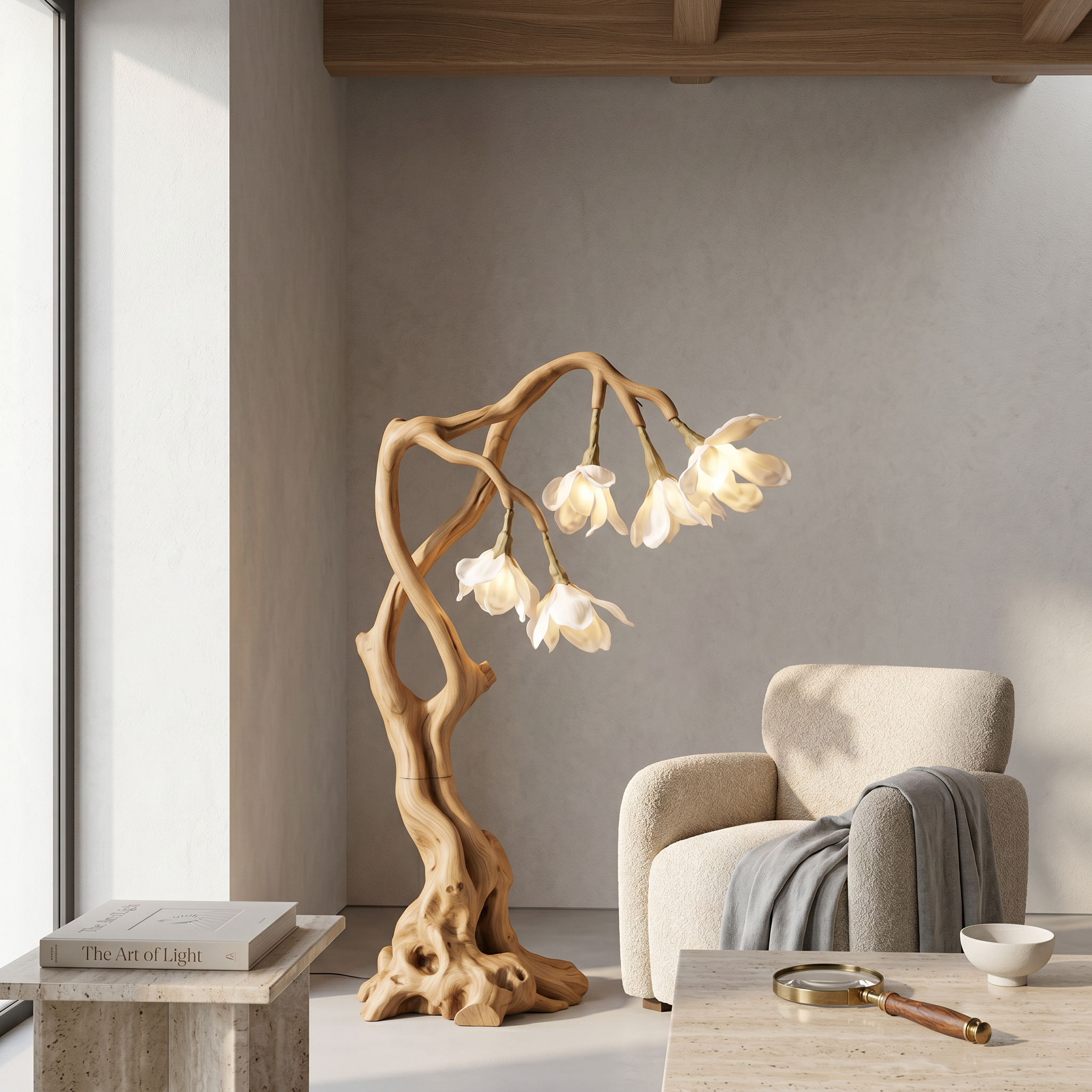 Petal Inspired Floor Lamp With Artistic Wood Base For Living Room And Bedroom SINLSAFLP082