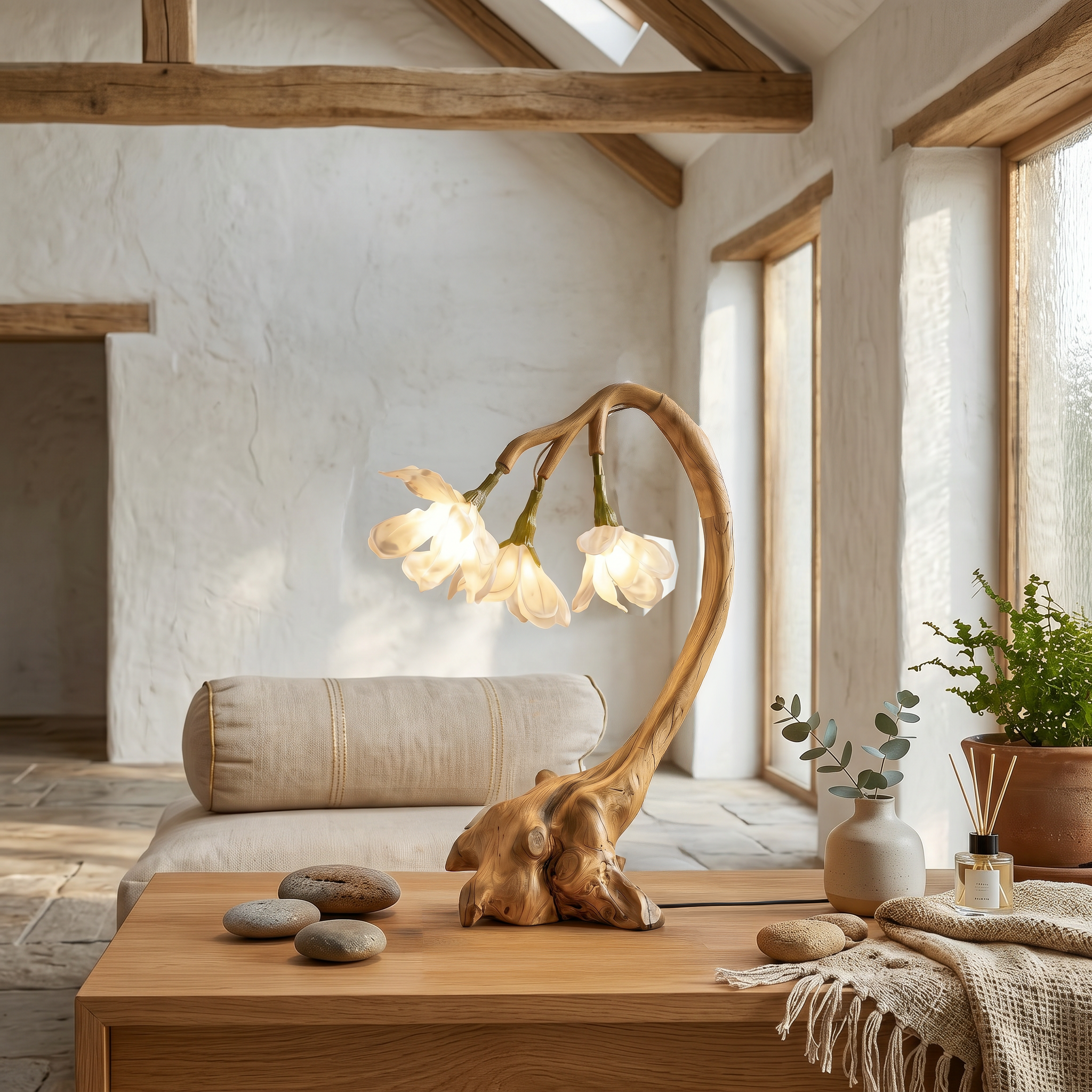 Organic Flower Table Lamp With Sculptural Wood Base For Bedroom And Living Room SINLSATL002