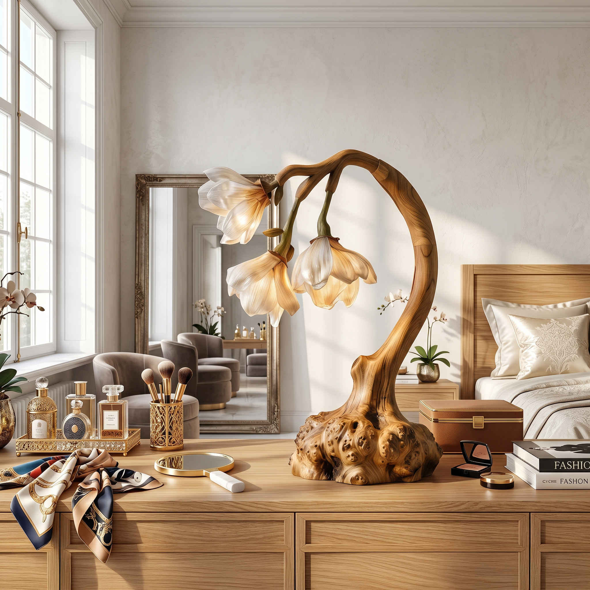 Minimalist Floral Table Lamp With Organic Wood Base For Bedroom And Living Room SINLSATL004