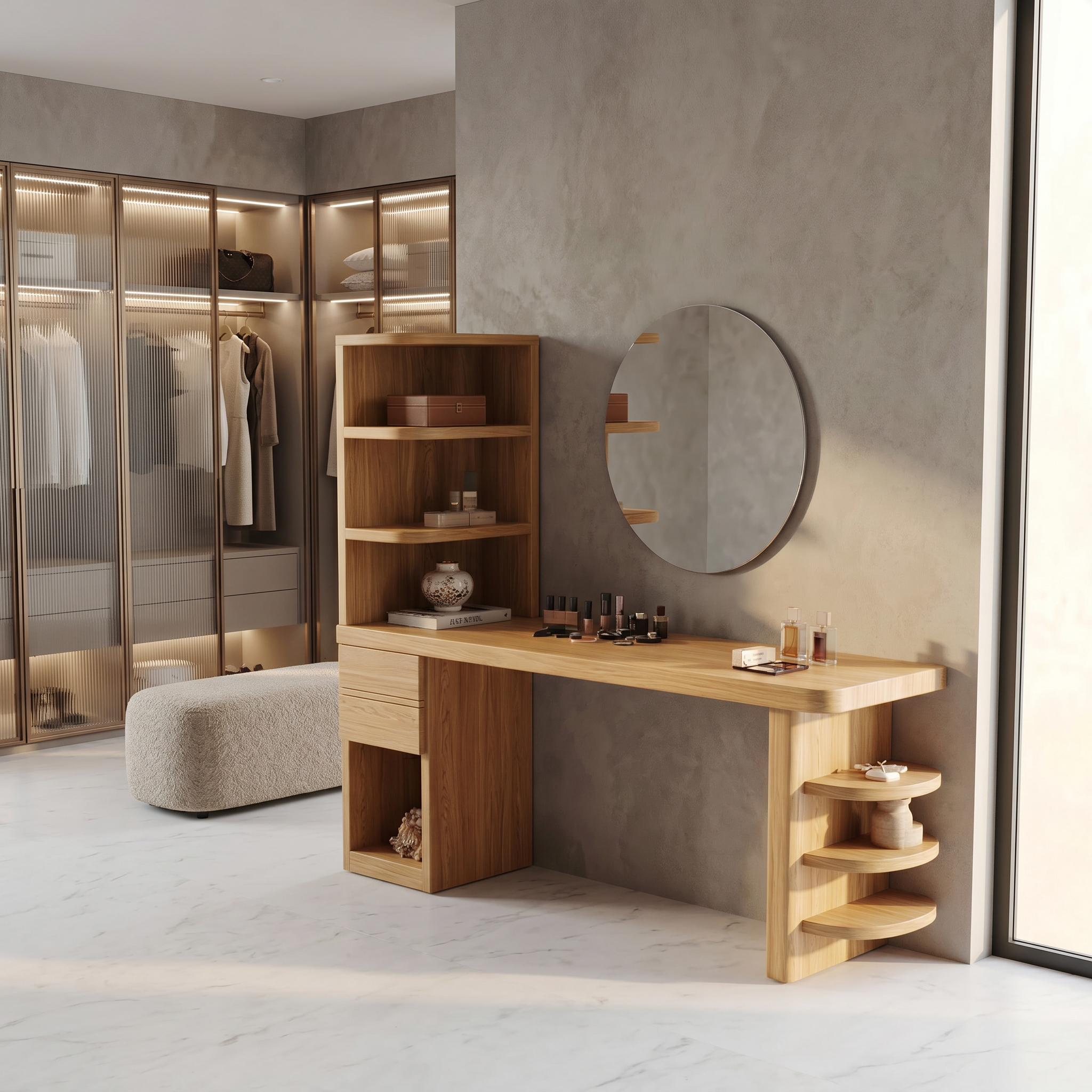 Contemporary Corner Makeup Vanity With Vertical Storage Shelves For Bedroom SINLSABDT076