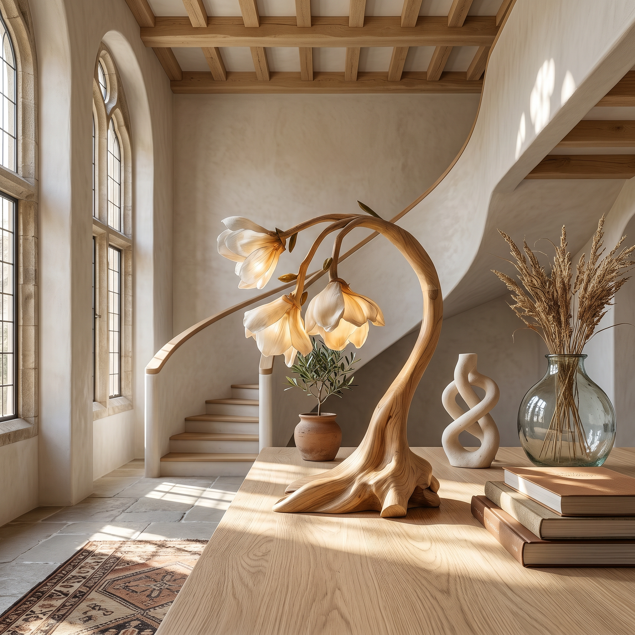 Rustic Floral Table Lamp With Sculptural Driftwood Base For Bedroom And Living Room SINLSATL006