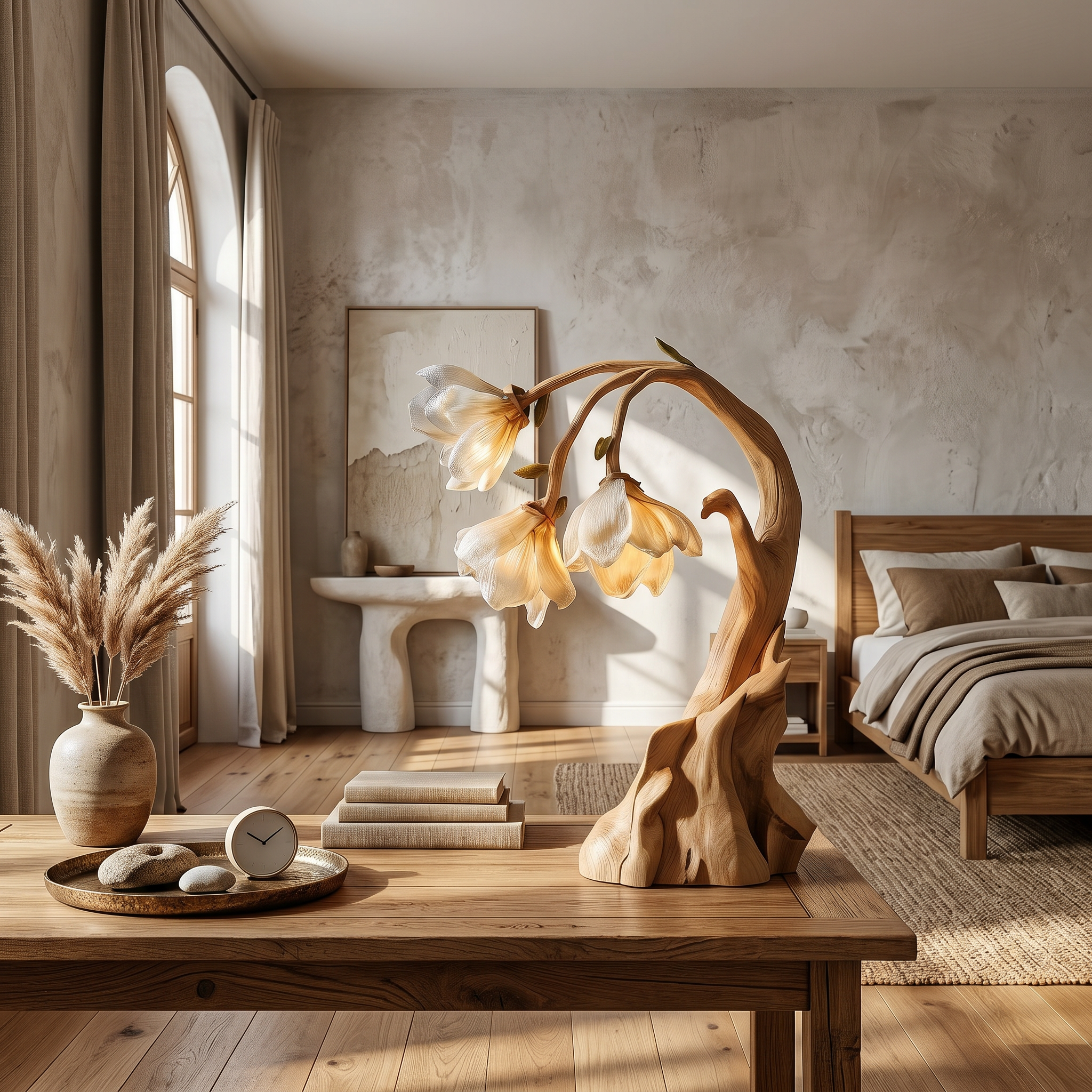 Contemporary Floral Table Lamp With Sculptural Solid Wood Base For Bedroom And Living Room SINLSATL007