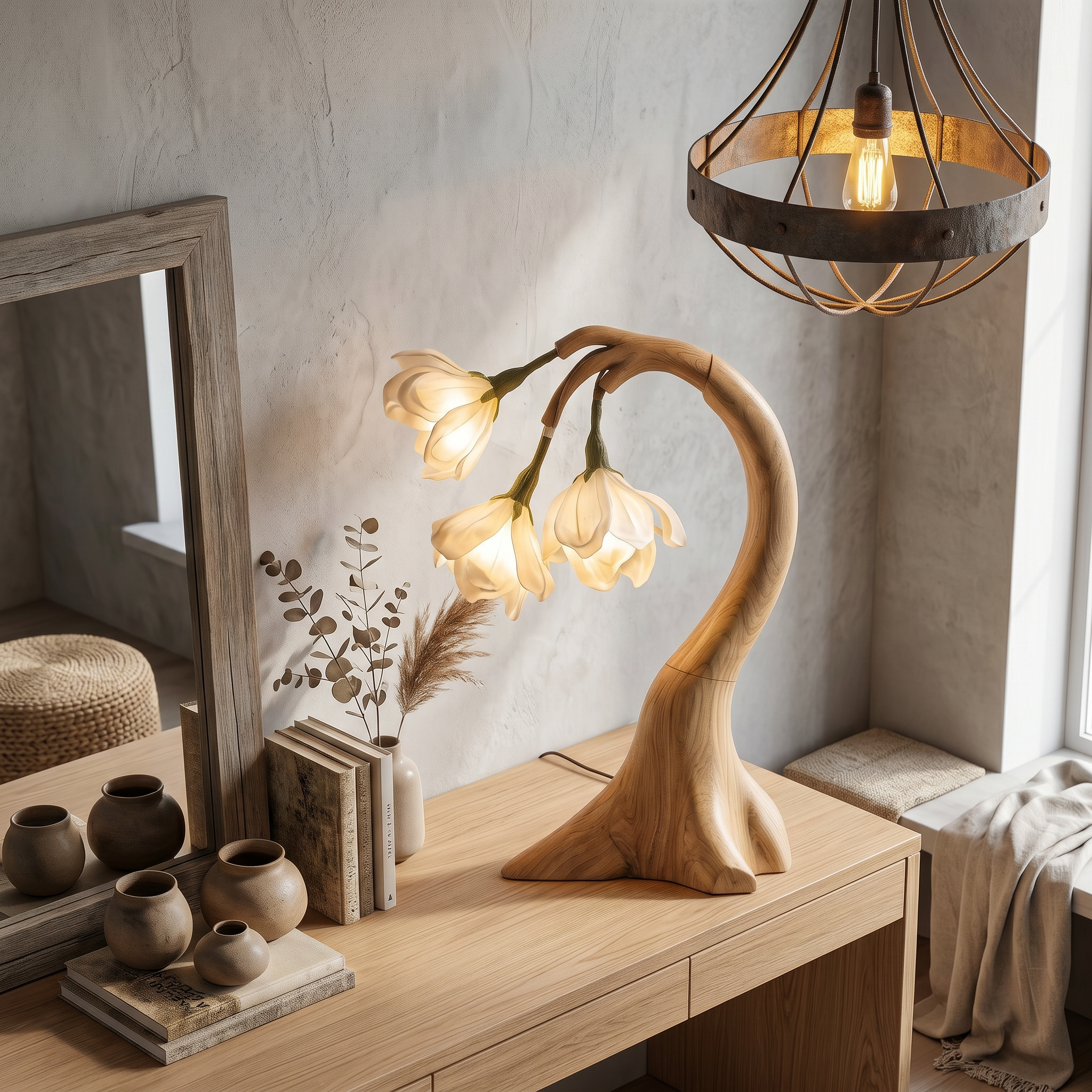 Modern Floral Table Lamp With Sculptural Curved Wood Base For Bedroom And Living Room SINLSATL008