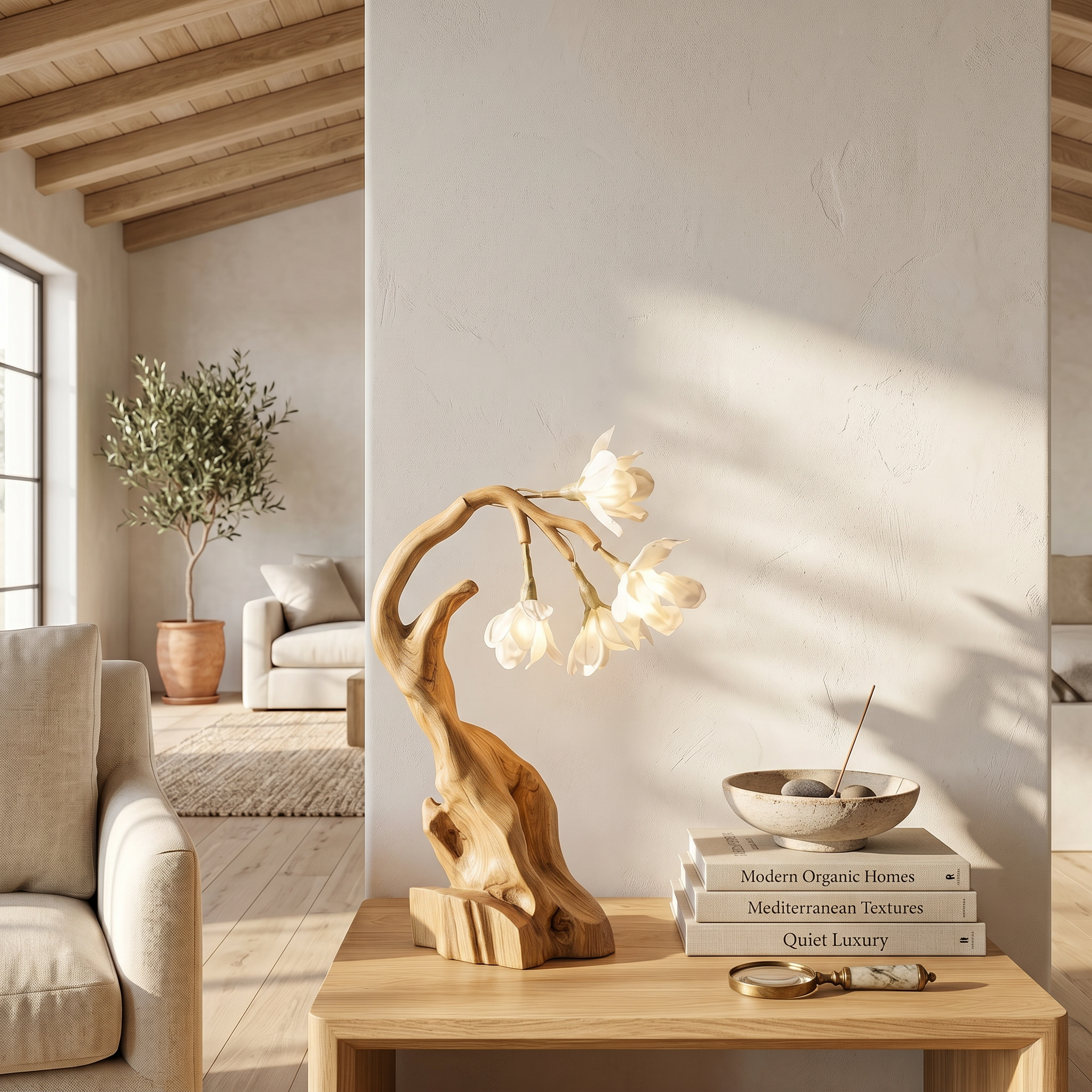 Luxury Floral Table Lamp With Sculptural Driftwood Base For Bedroom And Living Room SINLSATL010
