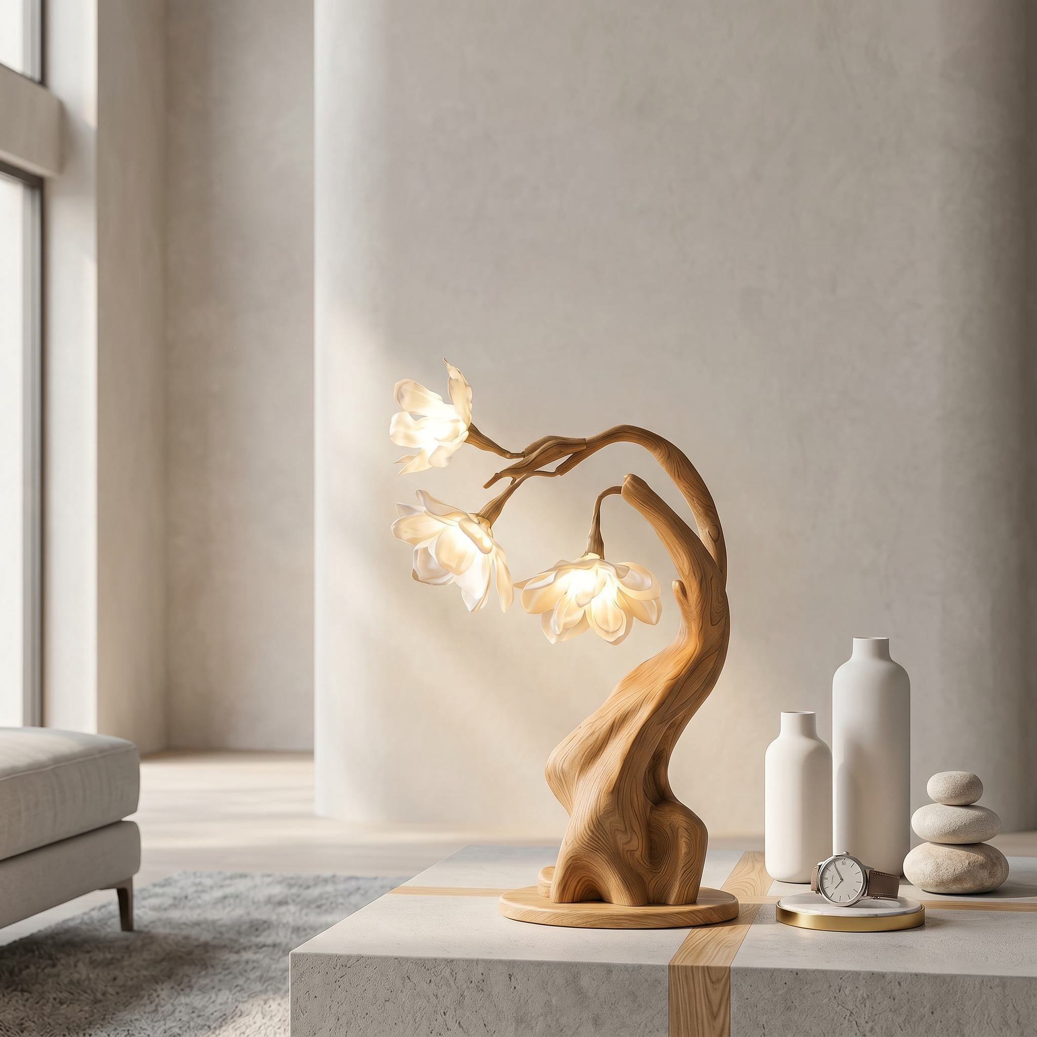 Contemporary Floral Table Lamp With Twisted Solid Wood Base For Bedroom And Living Room SINLSATL011