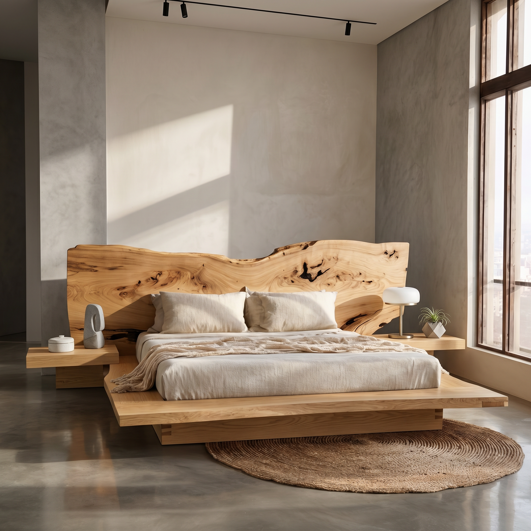 Rustic Live Edge Bed Frame With Sculptural Headboard For Bedroom SINLSAWB124