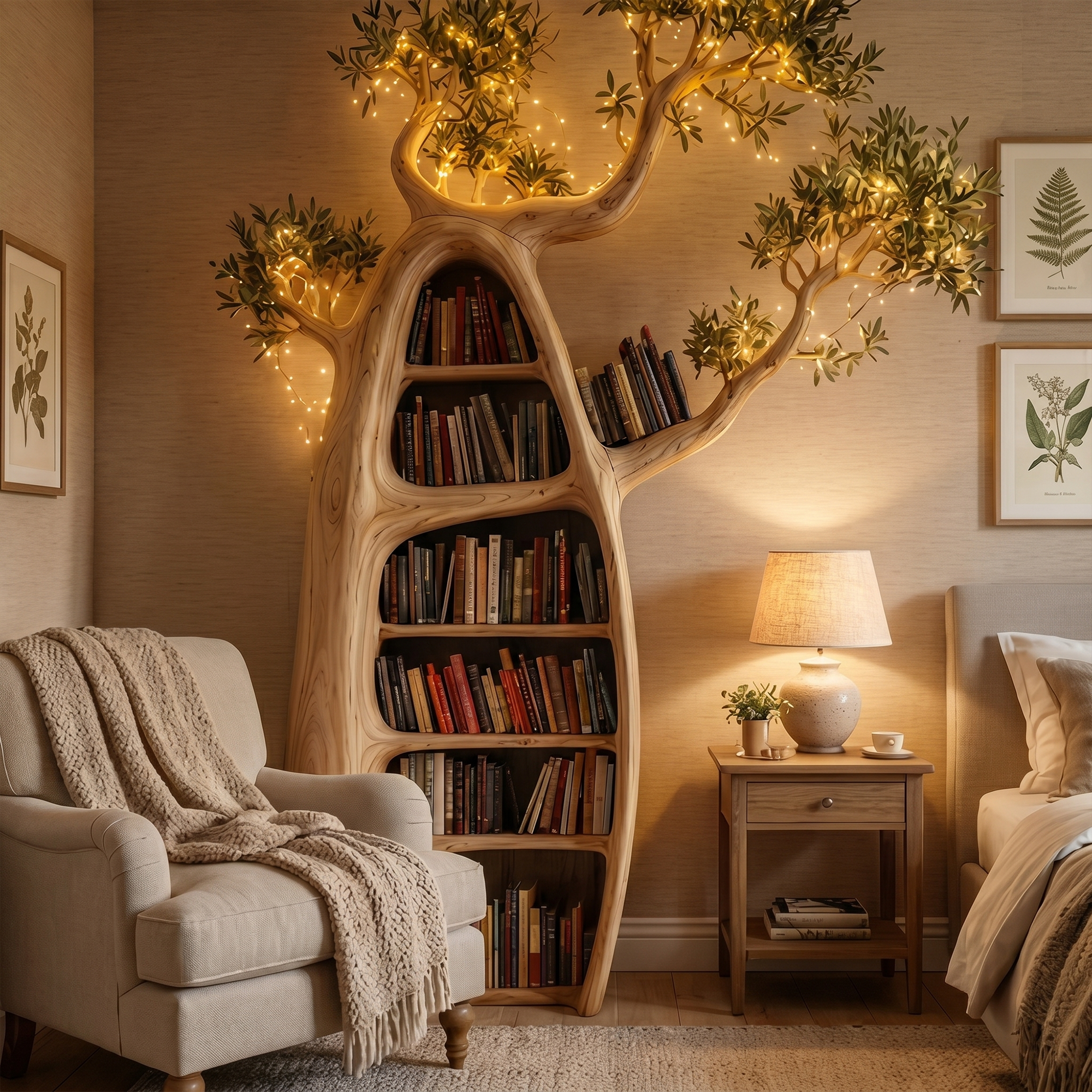 Artistic Tree Bookshelf With Illuminated Branch Crown For Living Room SINLKITB752