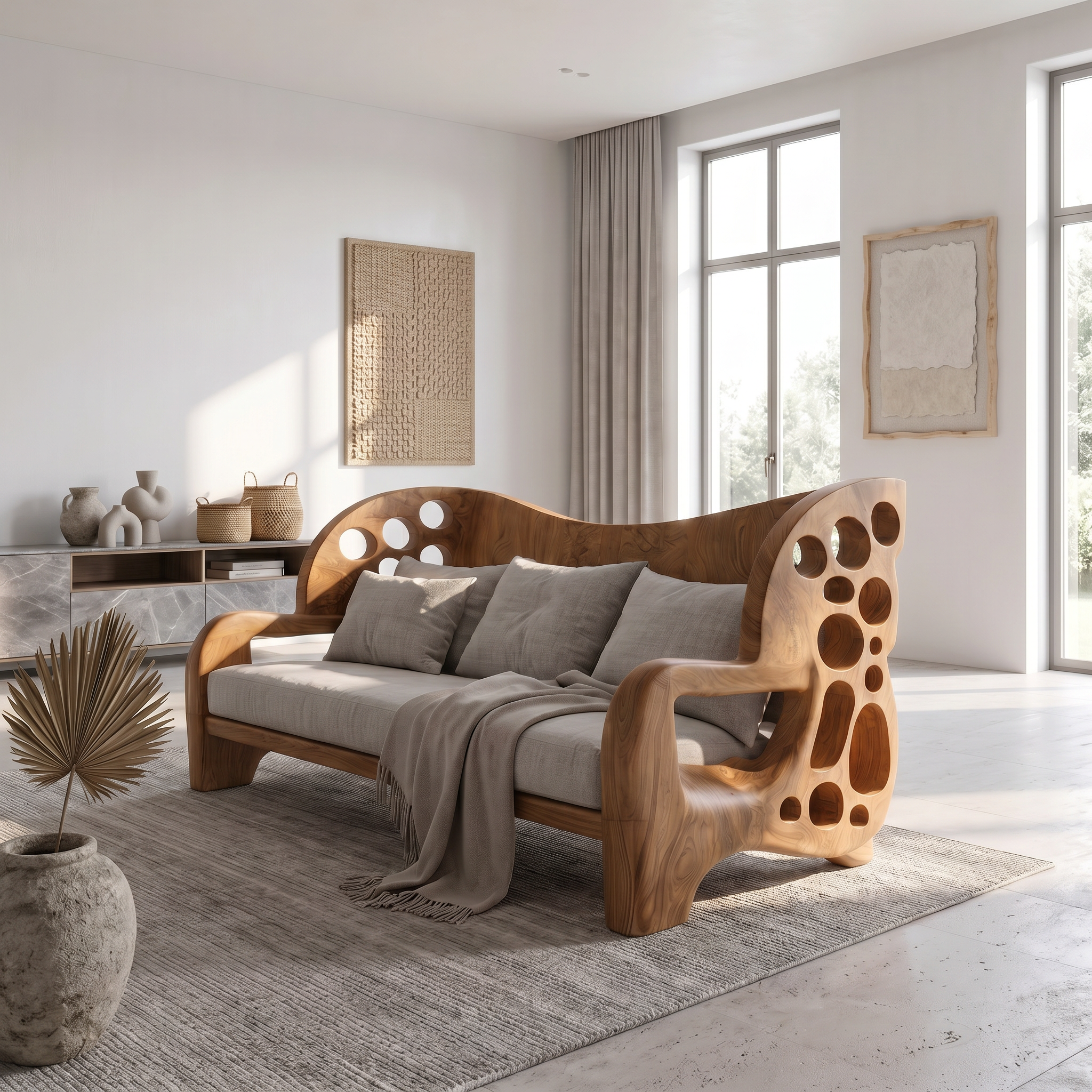 Organic Sofa Frame With Sculptural Openwork Armrests For Living Room SINLSASF037