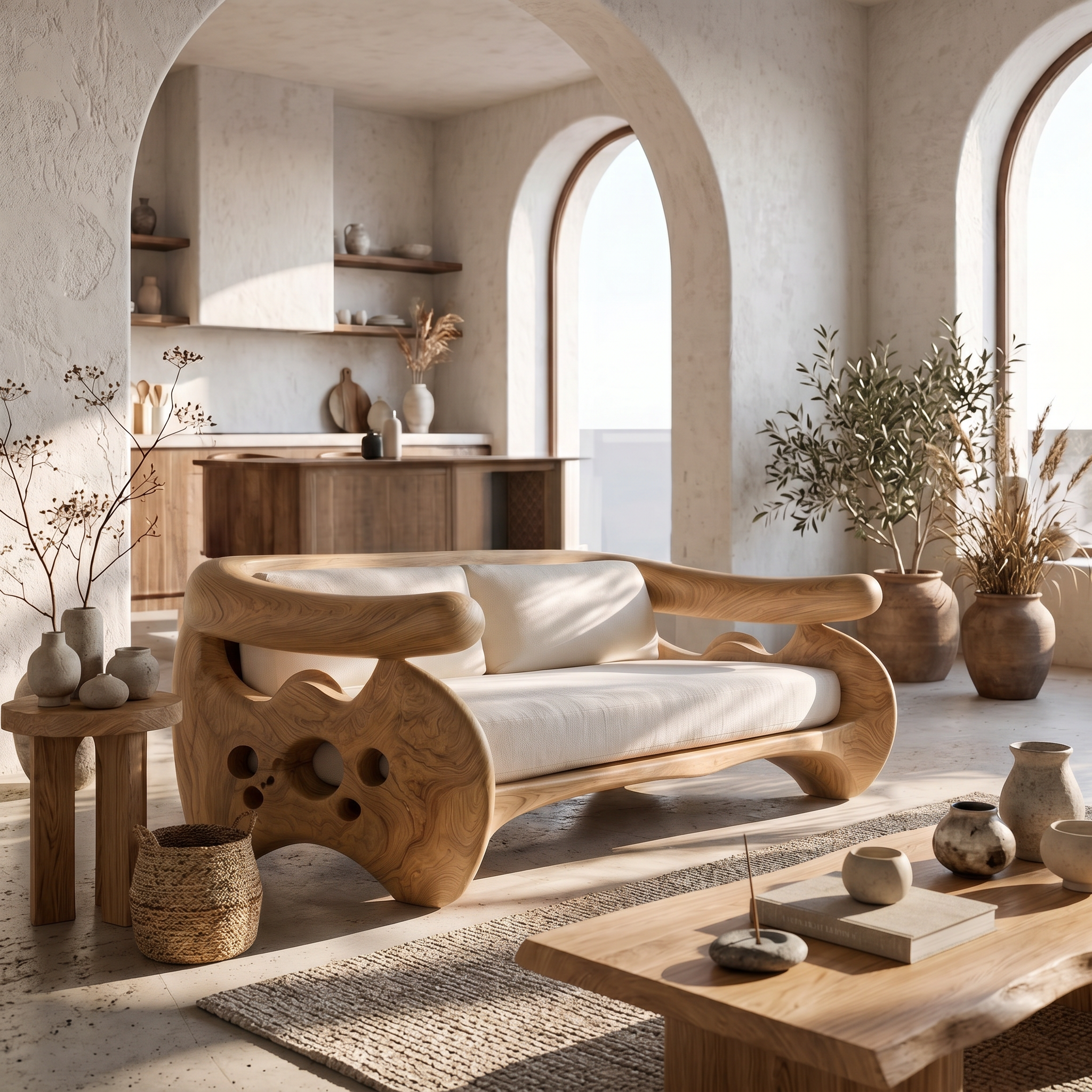 Organic Curved Sofa With Sculptural Wooden Base For Living Room SINLSASF038
