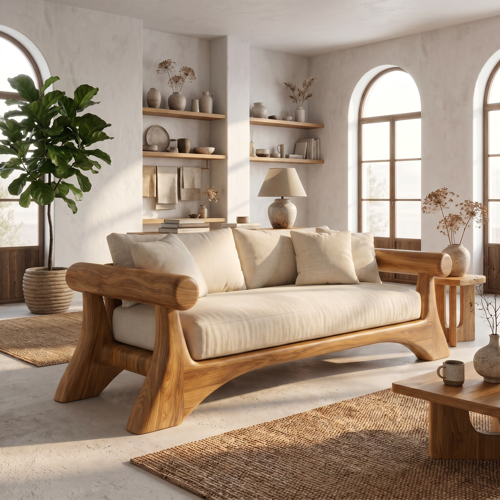 Minimalist Sofa Frame With Curved Solid Wood Arms For Living Room SINLSASF047
