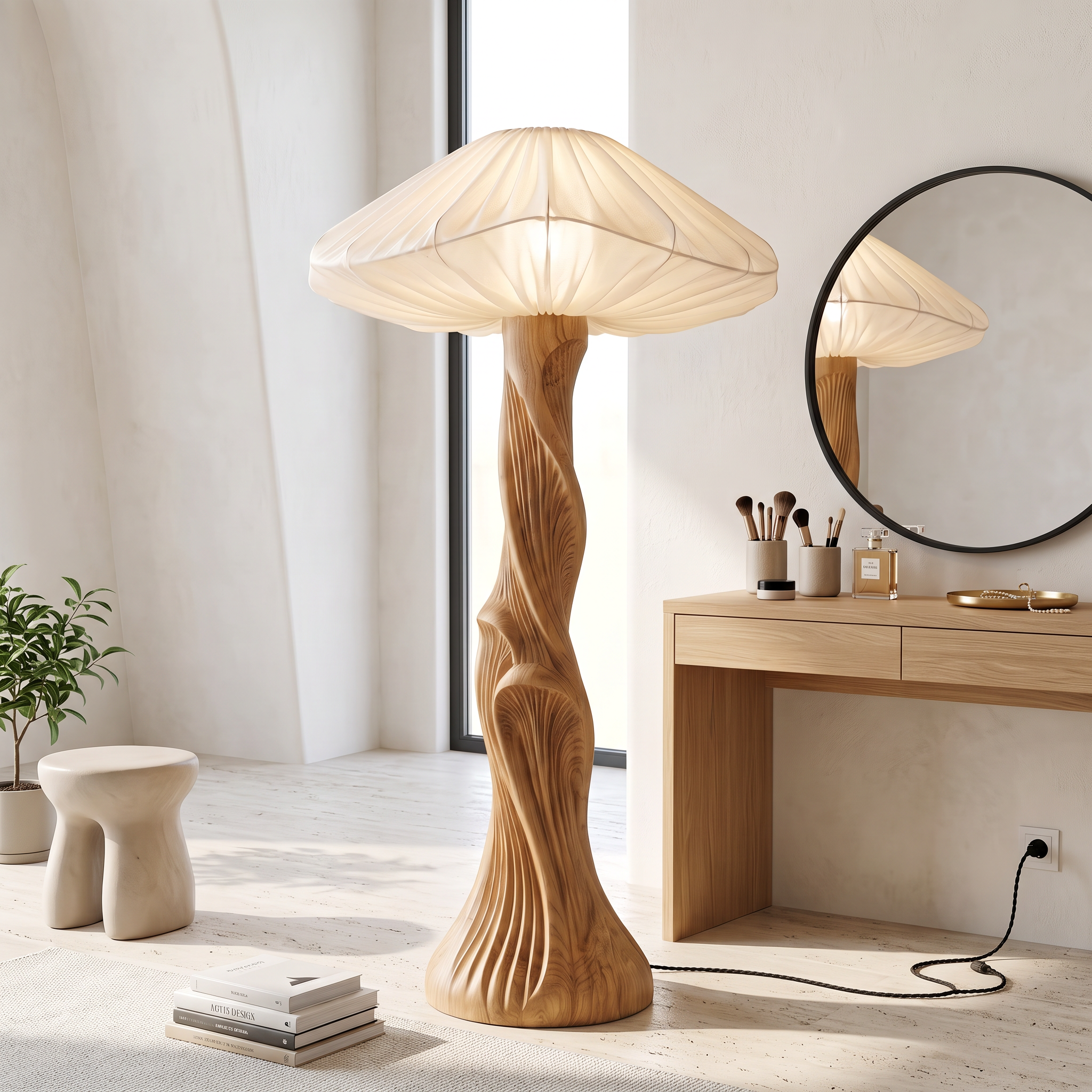 Contemporary Floor Lamp Carved Wood Mushroom Shade Pedestal Lounge SINLSAFLP134