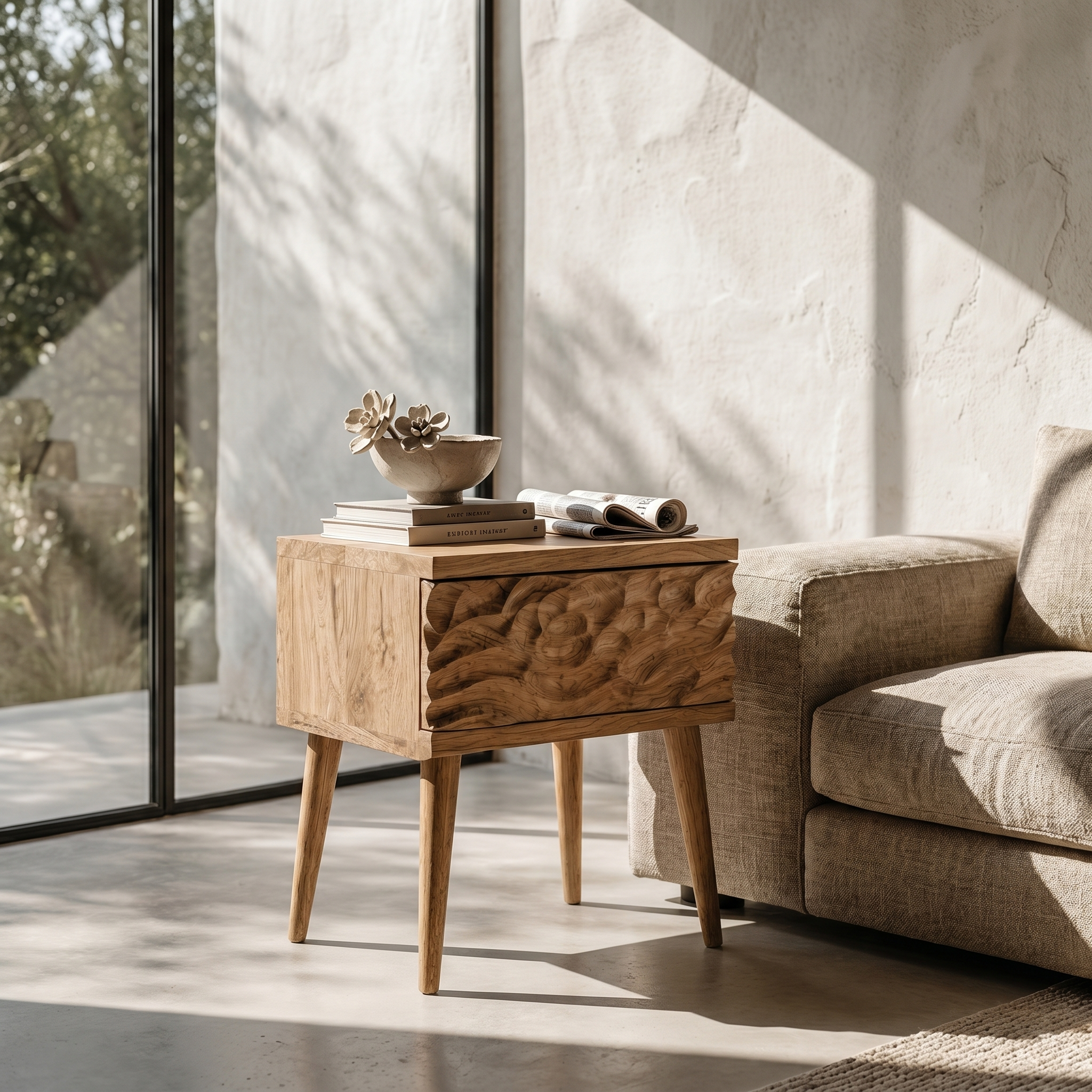 Mid Century Modern Side Table With Carved Wood Drawer And Open Shelf For Living Room And Bedroom SINLHABT256
