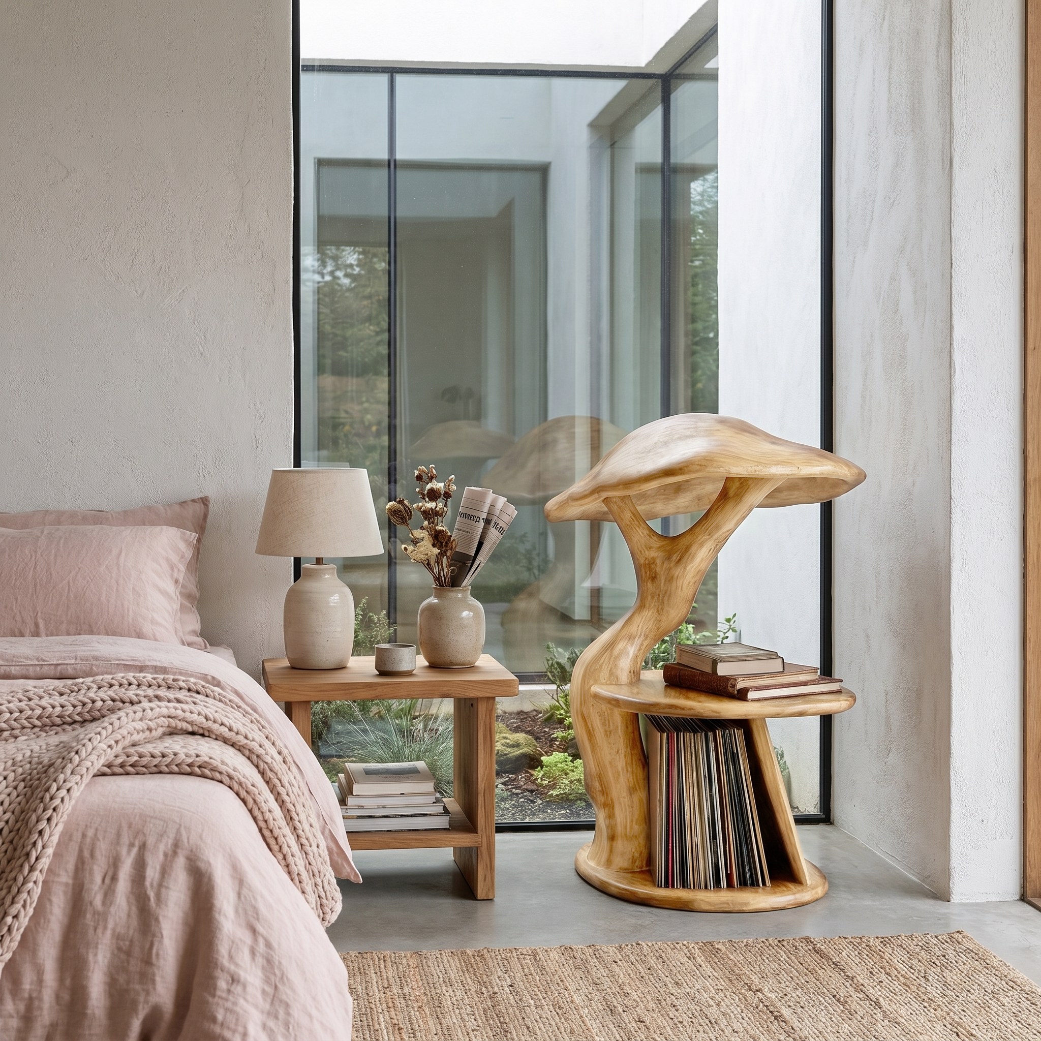 Organic Mushroom Nightstand With Sculptural Solid Wood Design And Vinyl Storage For Bedroom SINLHABT259