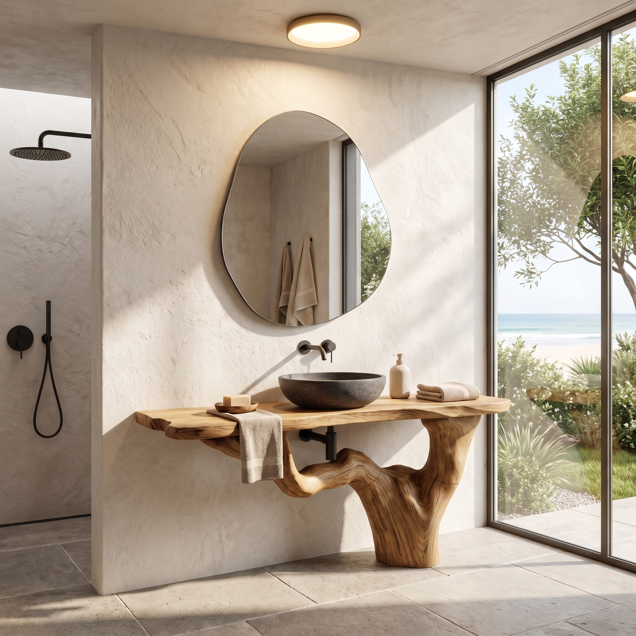 Handcrafted Bathroom Vanity With Tree Trunk Design For Powder Room SINLHABRV318