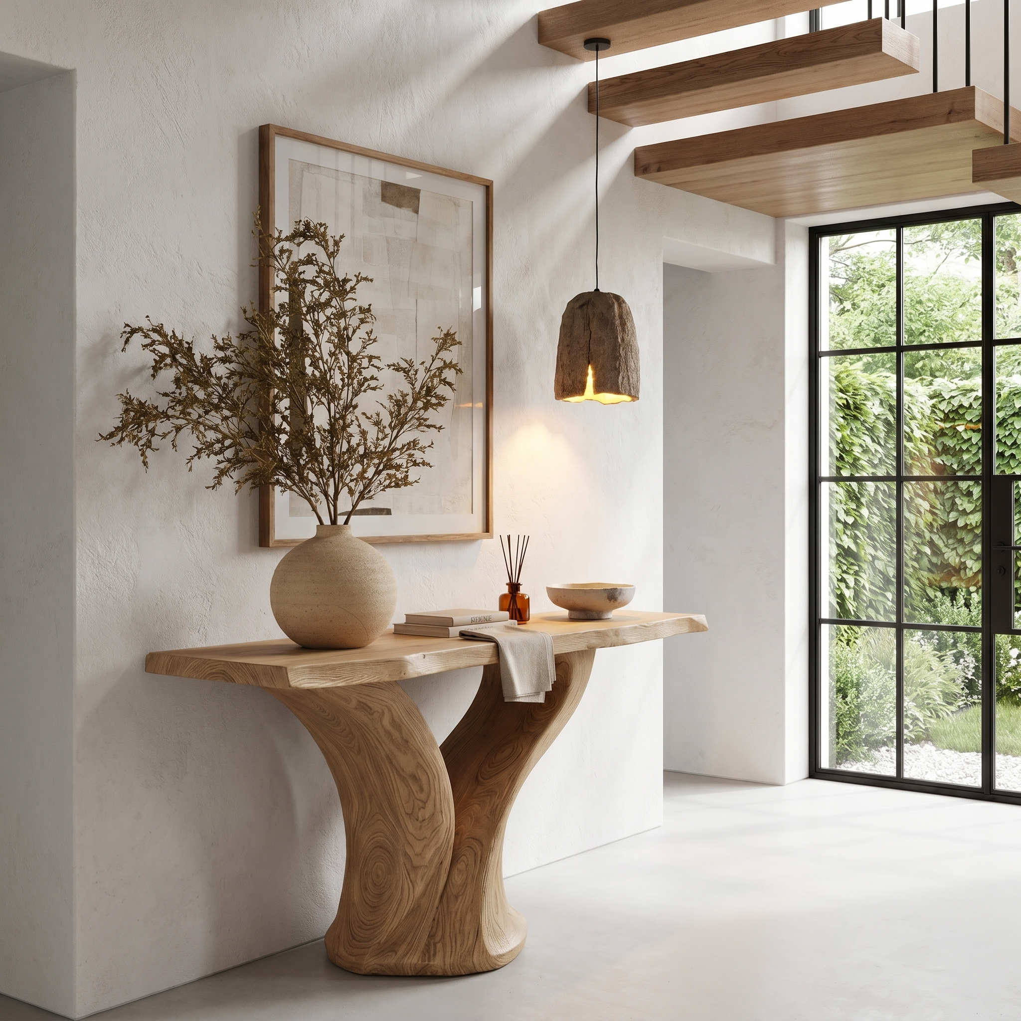 Organic Console Table With Sculptural Twin Curved Base For Entryway And Living Room SINLHACS577