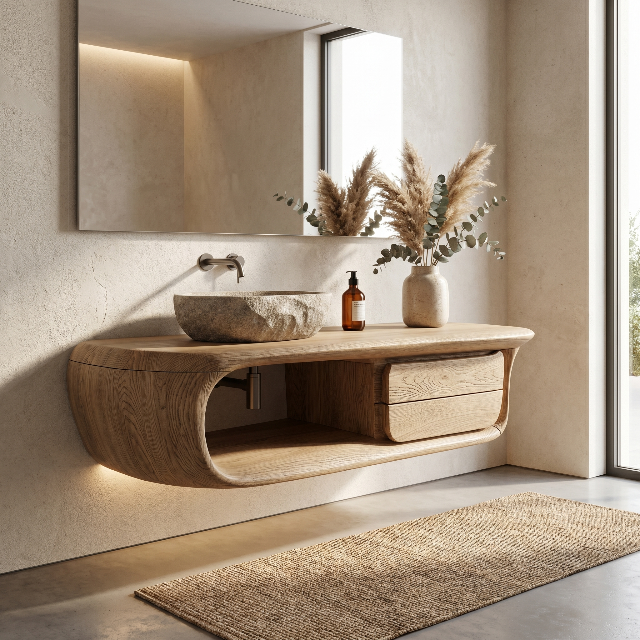 Floating Bathroom Vanity With Curved Wooden Base And Storage Drawer For Modern Bathroom SINLKIBRV304