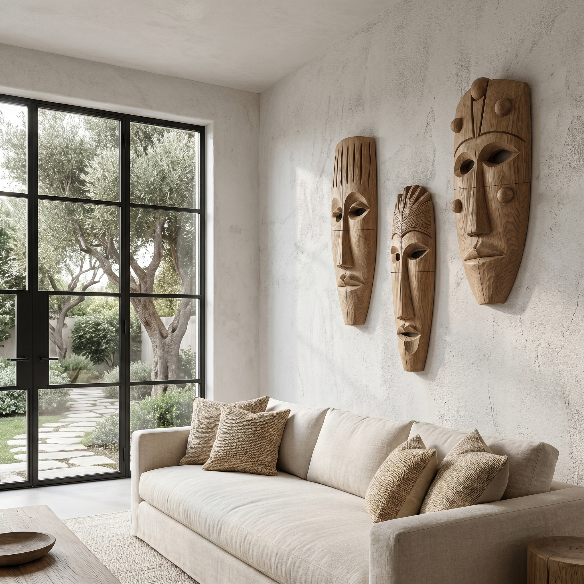 Hand Carved Wooden Wall Art Set With Tribal Mask Design For Living Room And Entryway SINLHAWD101