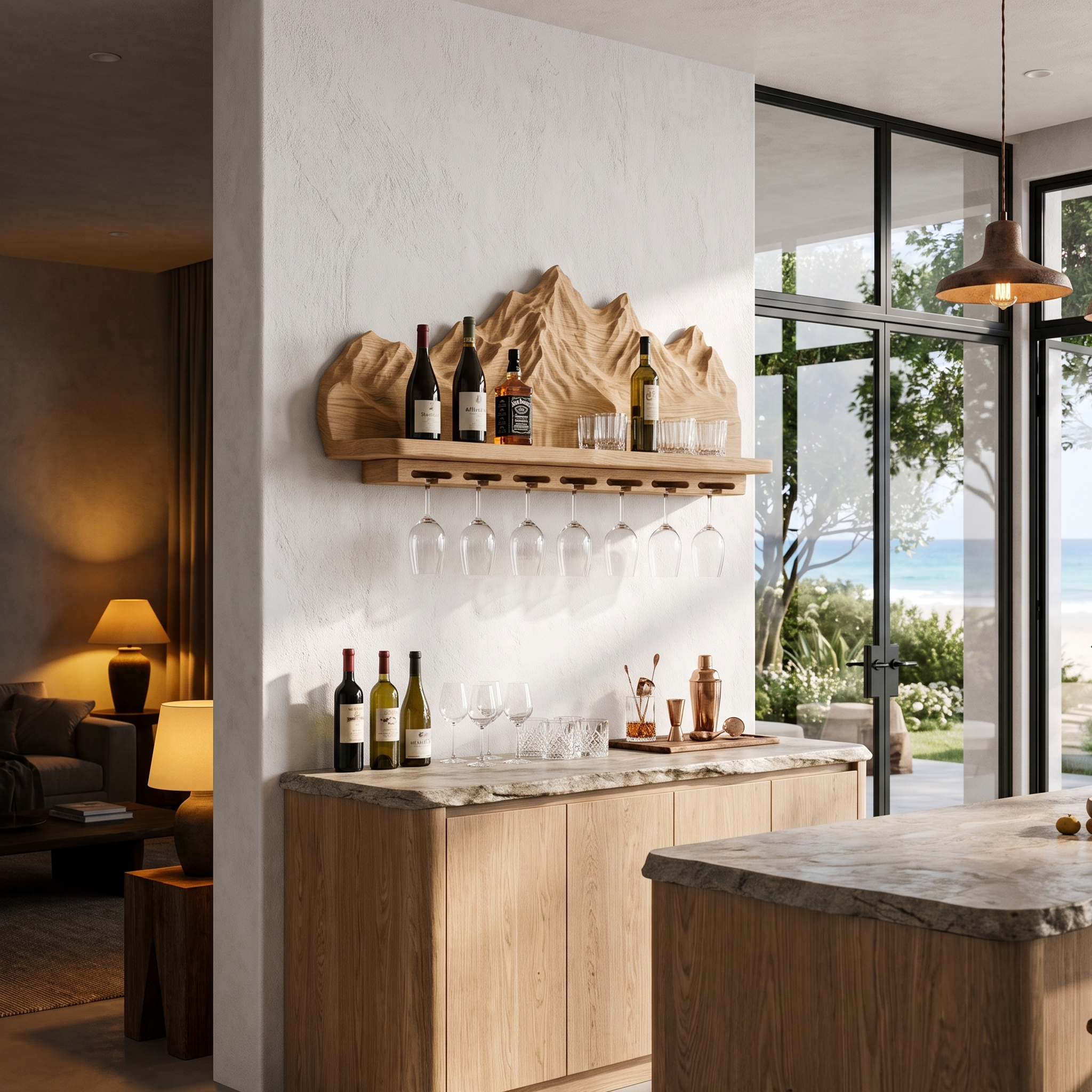 Nature Inspired Wall Wine Holder With Mountain Shelf For Home Bar SINLHAWH045