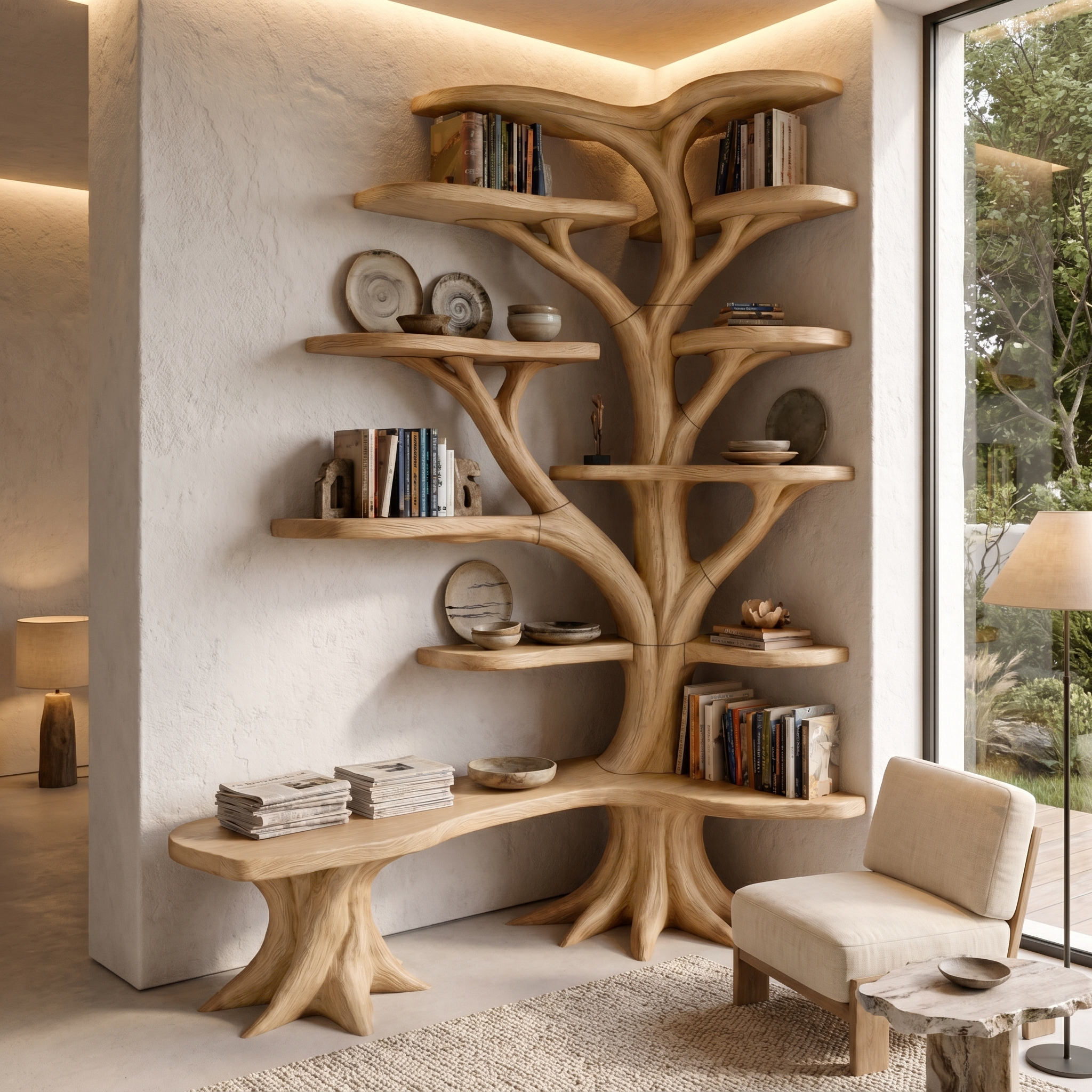 Organic Tree Bookshelf With Sculptural Branch Design And Multi Tier Display Shelves For Living Room SINLHATB751