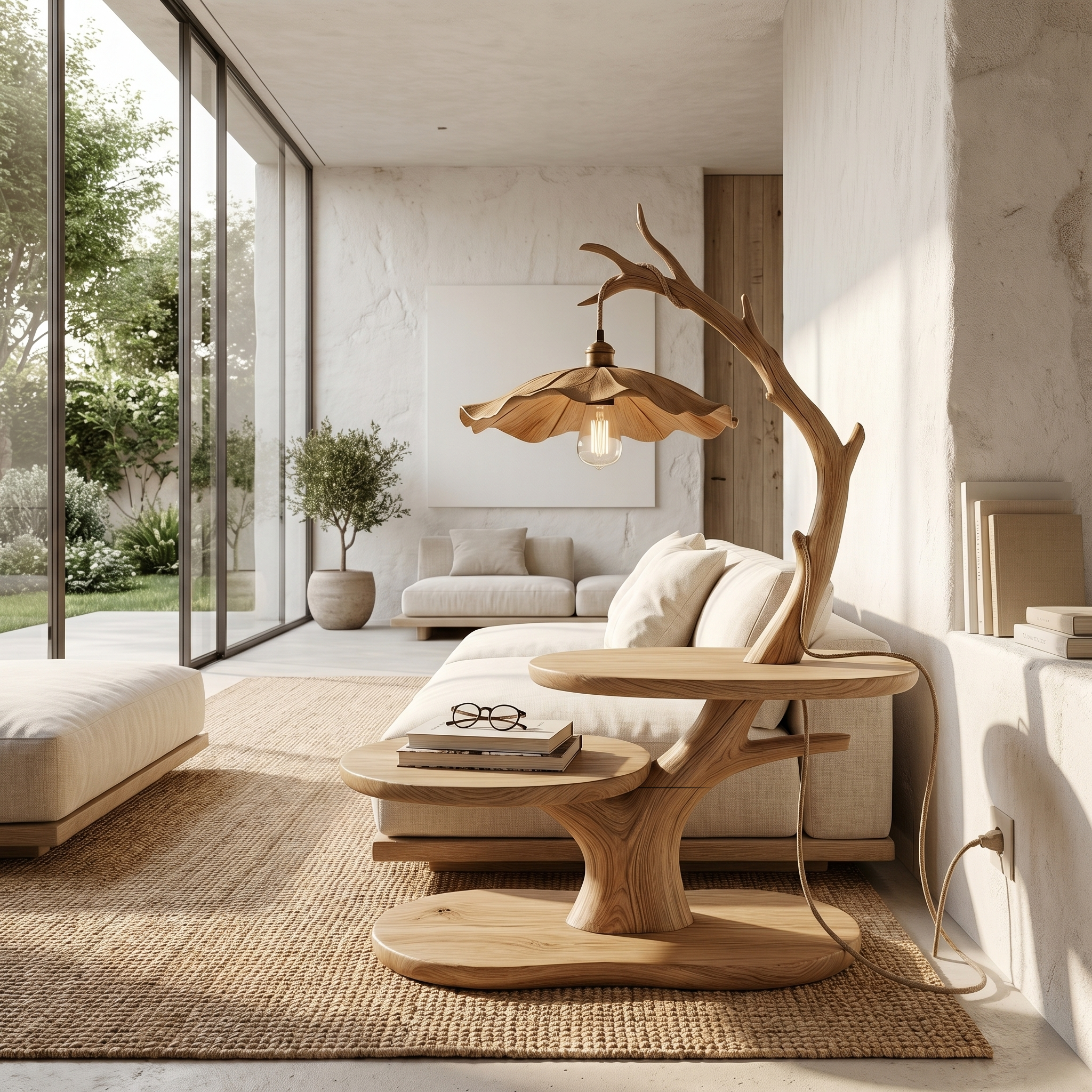 Sculptural Beside Table With Tree Branch Lamp And Open Storage Shelves For Bedroom SINLHABT265