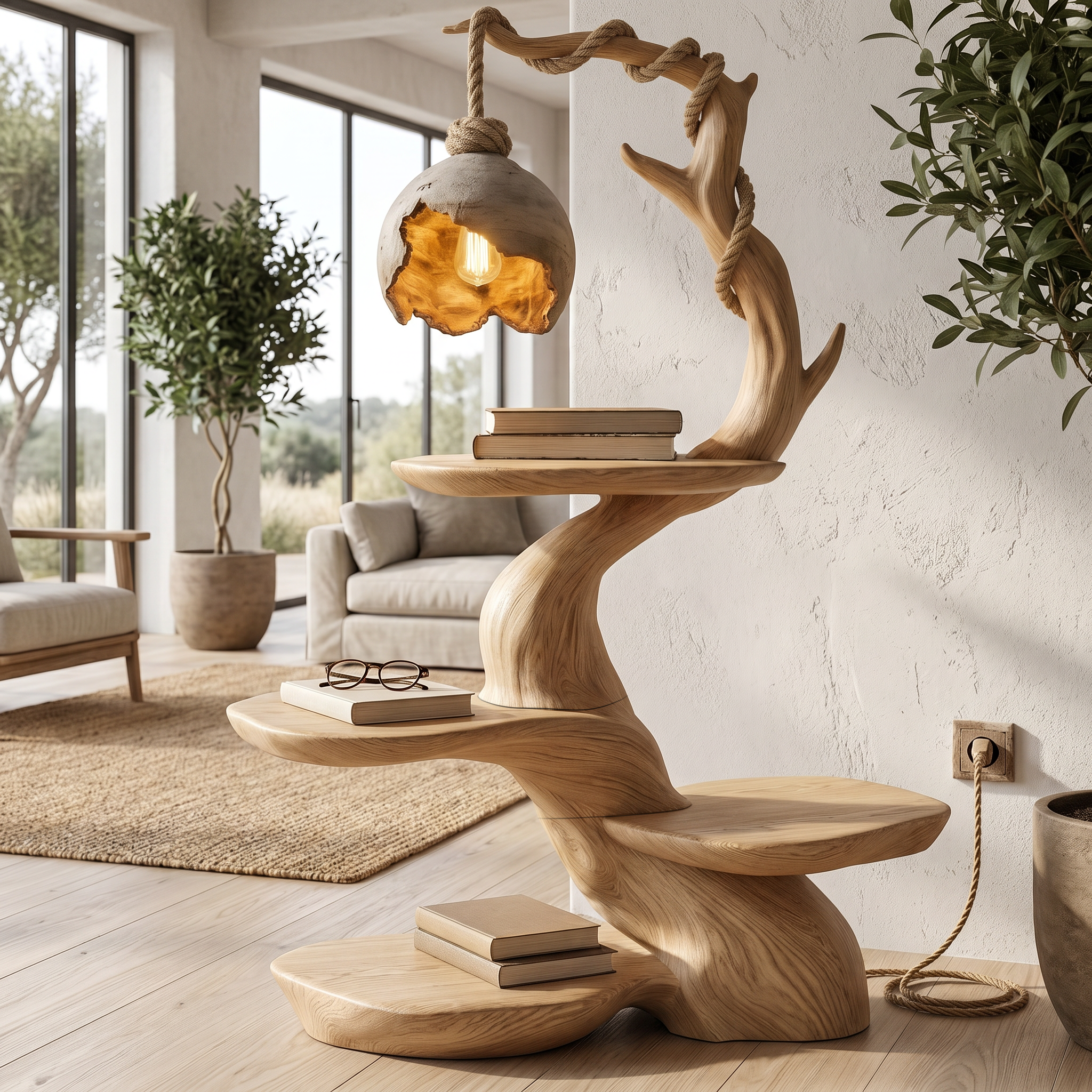 Nature Inspired Beside Table With Sculptural Tree Form And Ambient Lamp For Bedroom SINLHABT266