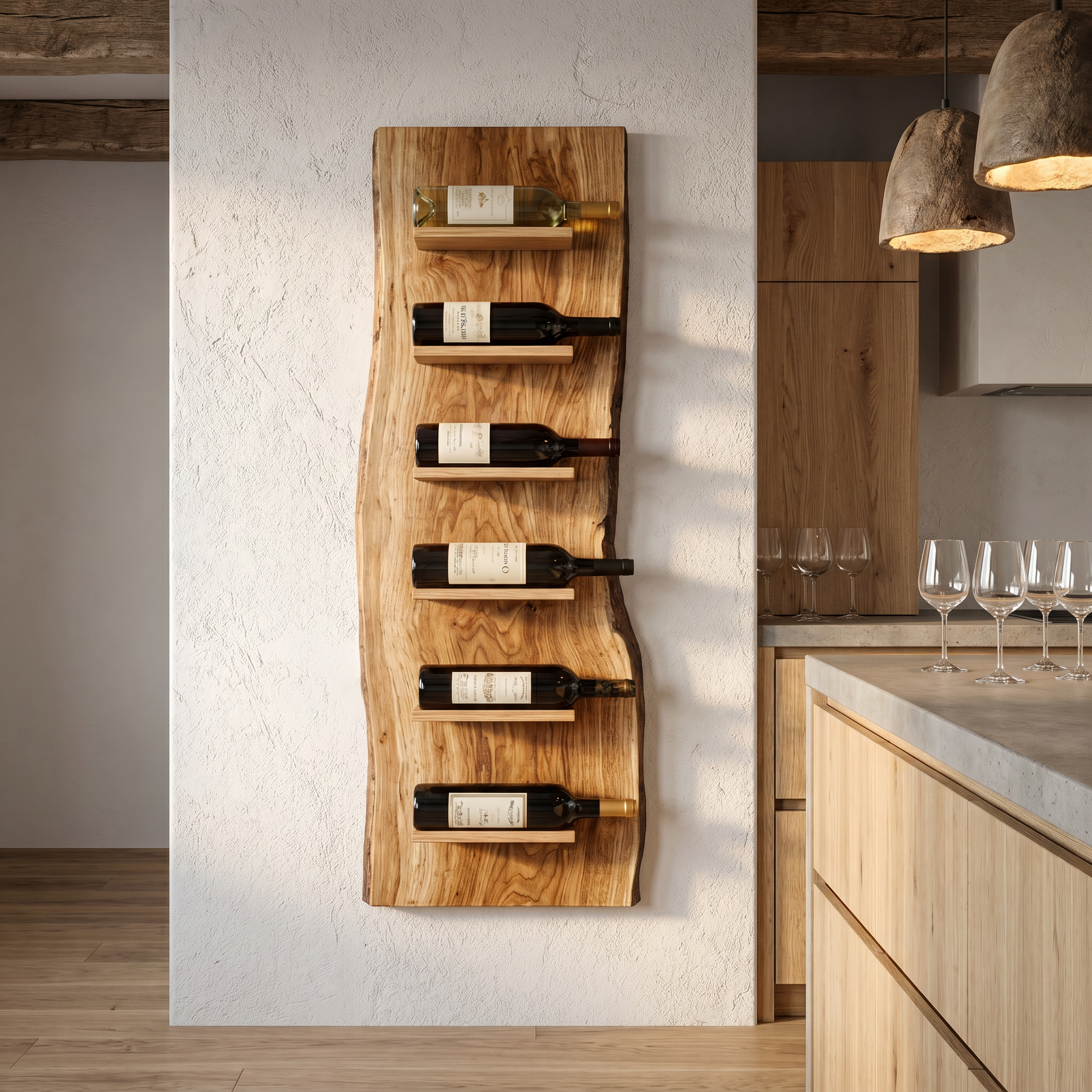 Organic Wall Mounted Wine Rack With Natural Wood Design For Kitchen SINLHAWR026