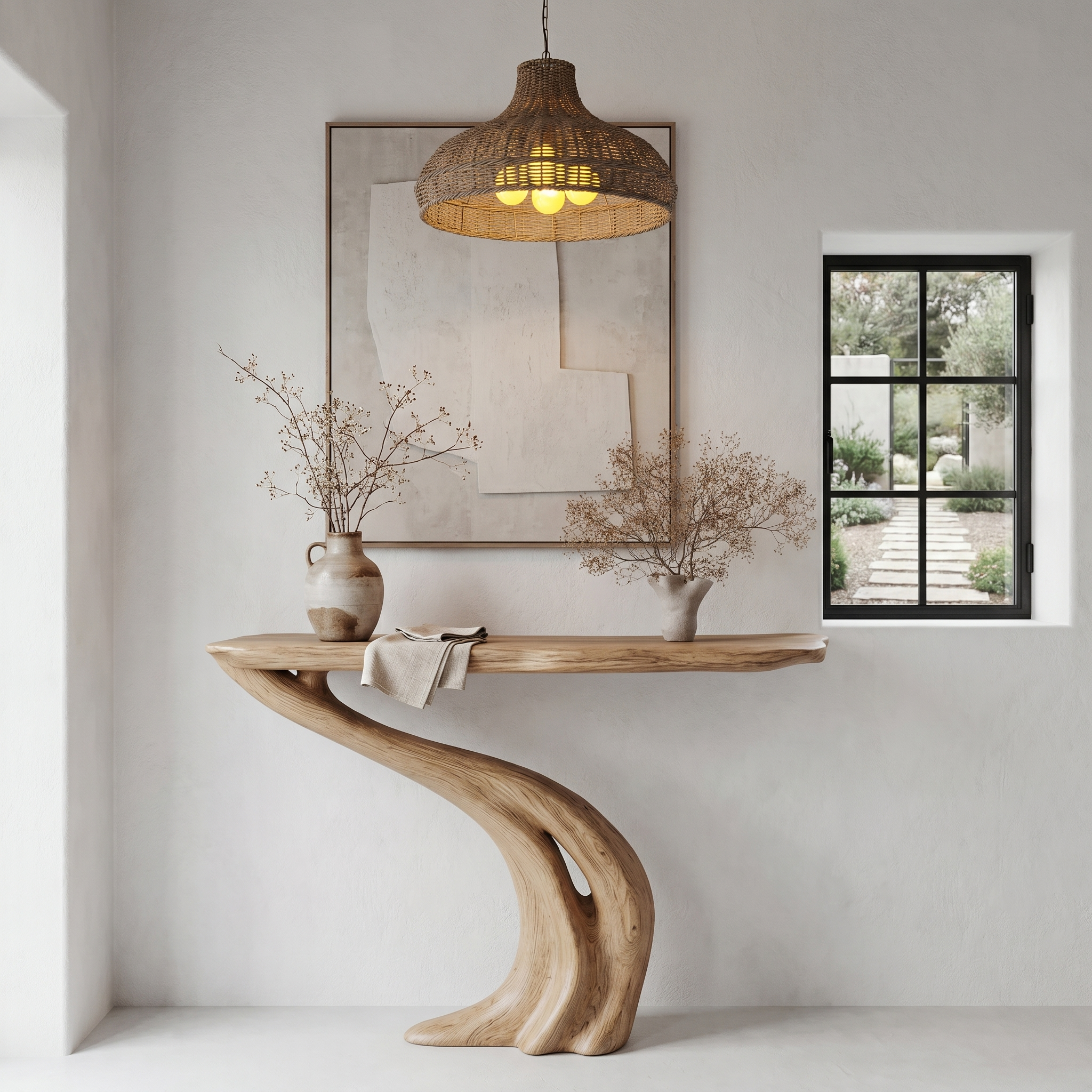 Organic Curved Console Table With Soft Flowing Wood Base For Entryway And Living Room SINLHACS589