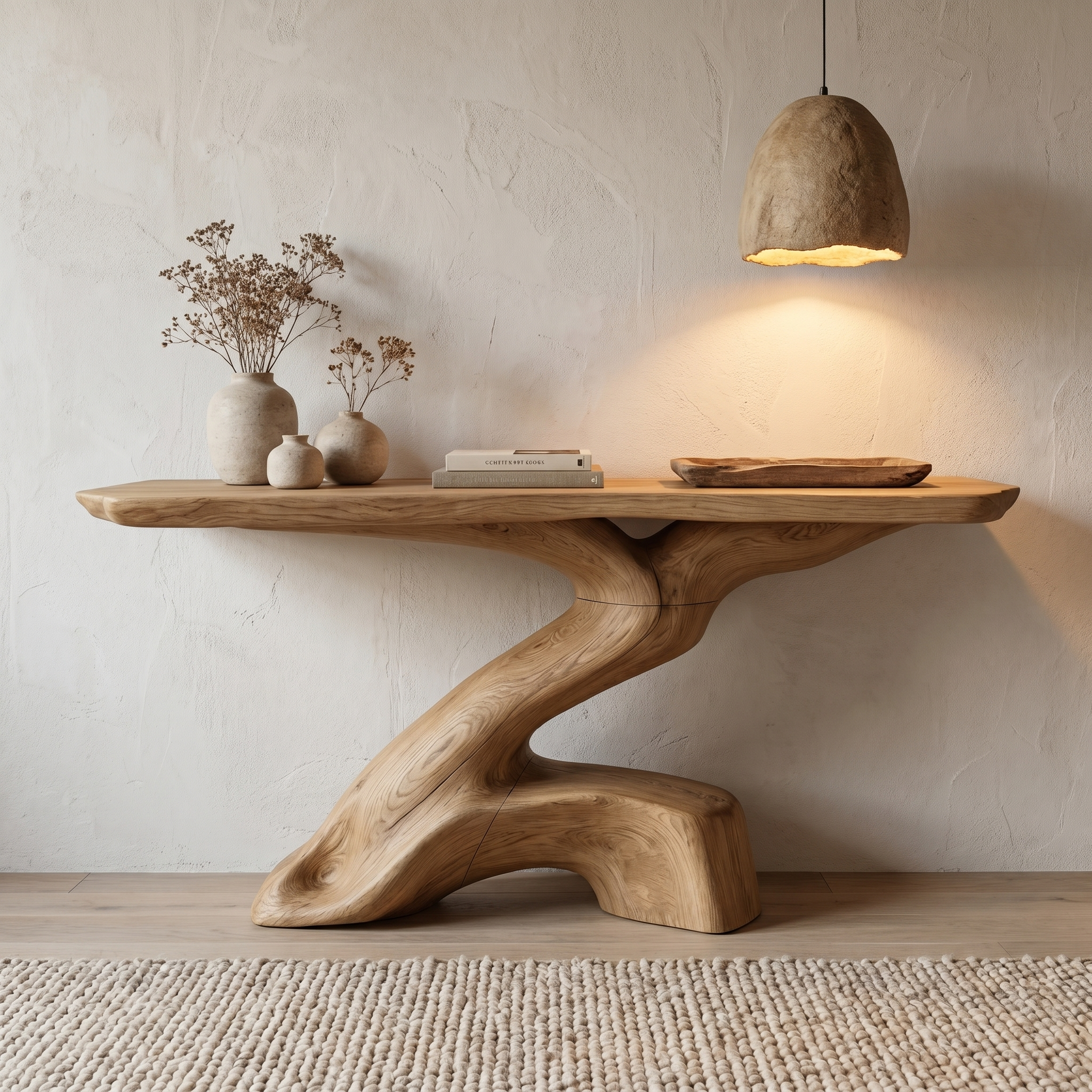 Rustic Console Table With Sculptural Tree Root Base And Solid Wood Top For Entryway And Living Room SINLHACS590