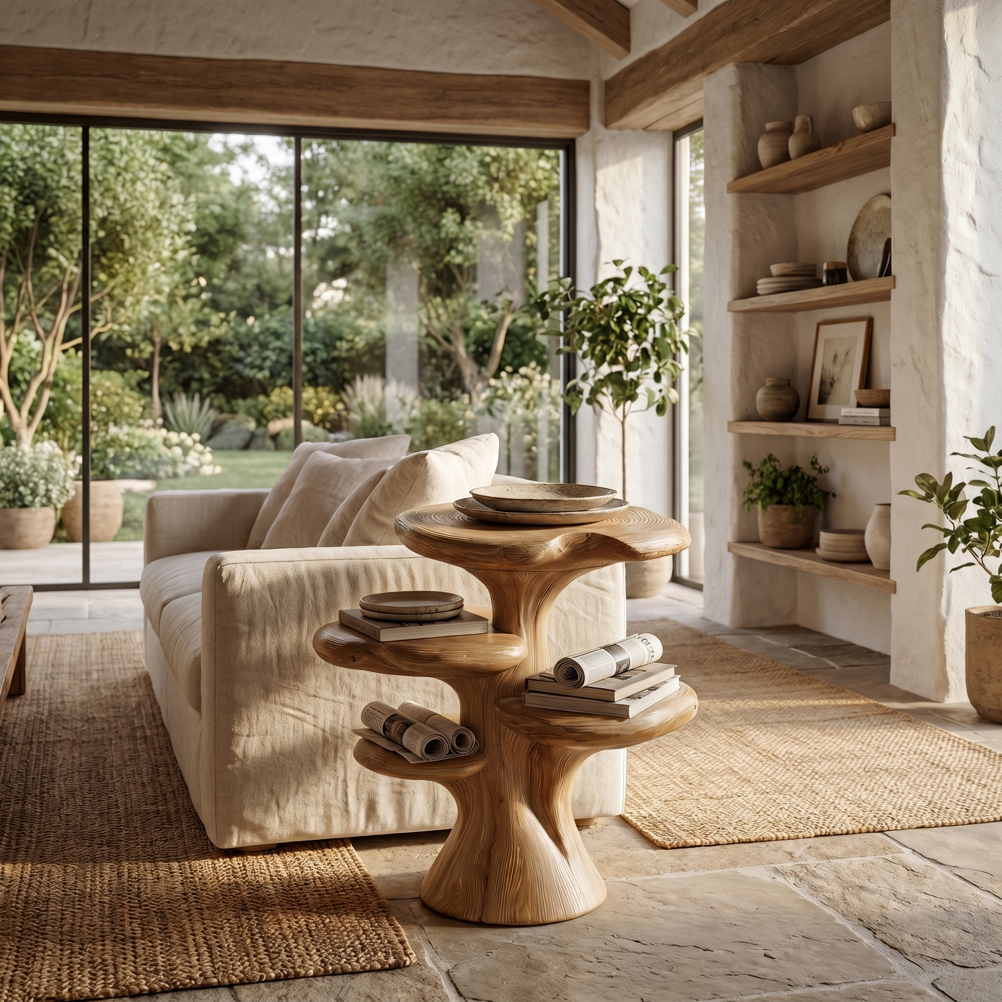 Organic Sculptural Beside Table With Tiered Solid Wood Shelves For Living Room SINLHABT262