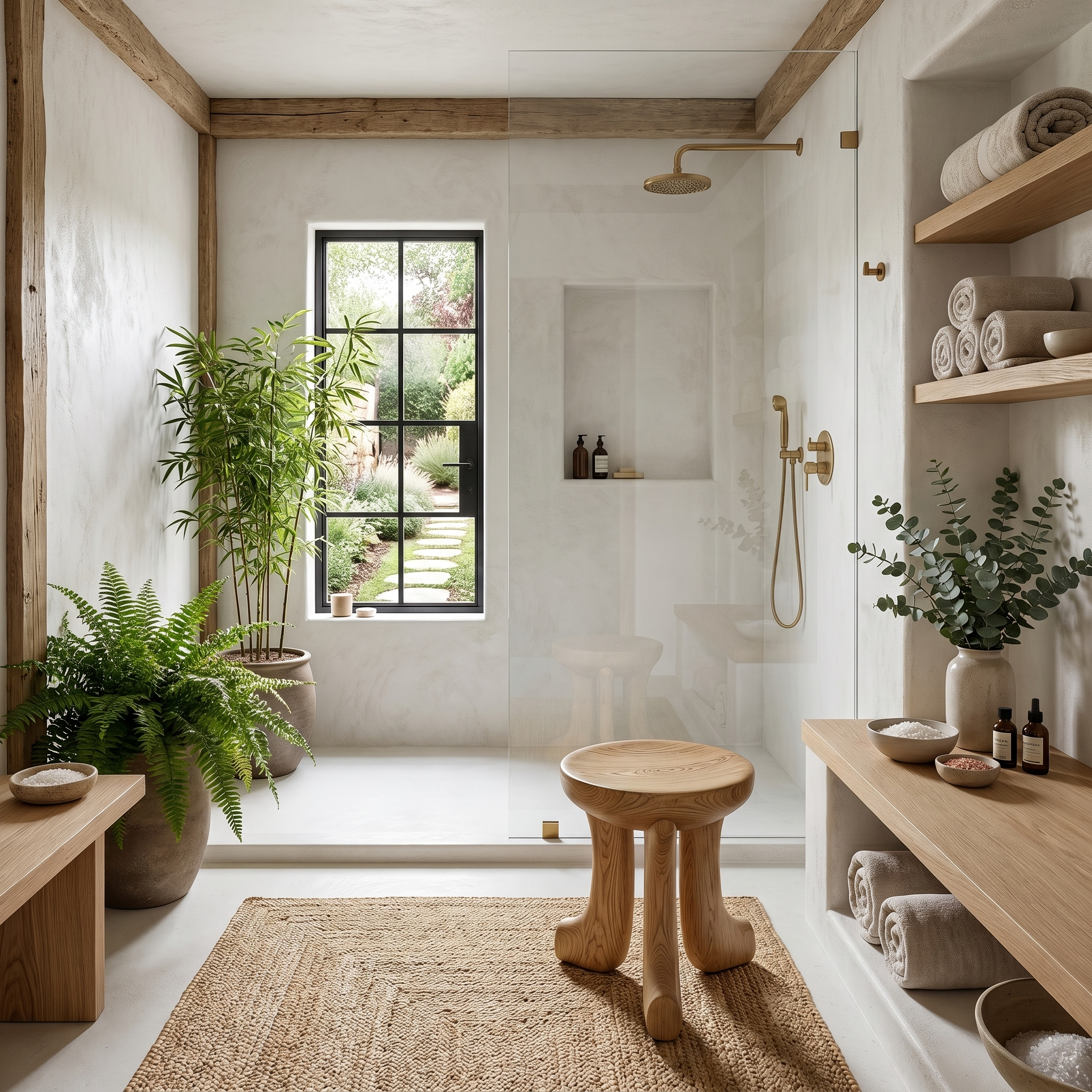 Rustic Bath Stool With Chunky Solid Wood Legs For Bathroom SINLHAWS013