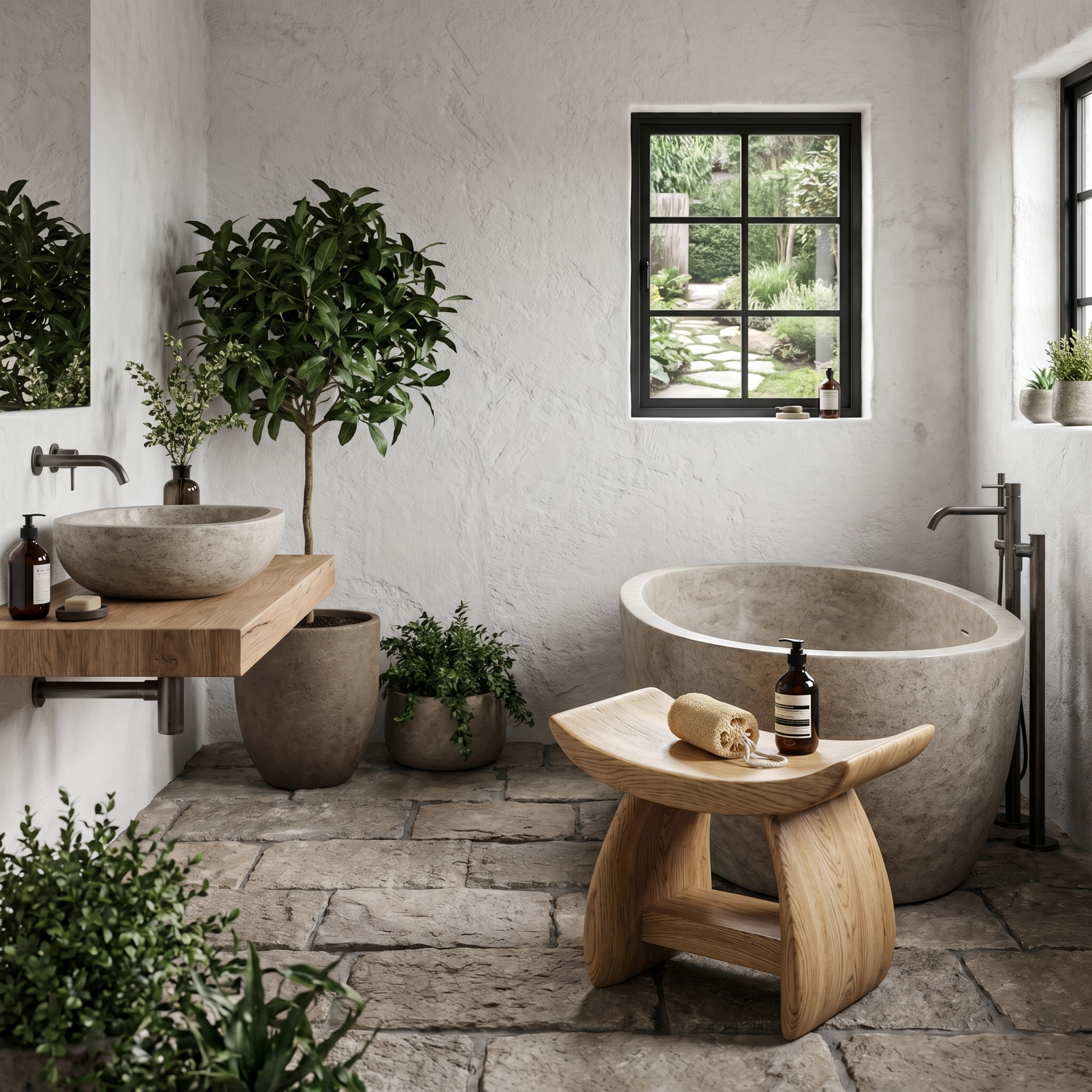 Nature Inspired Bathroom Stool With Sculptural Wood Design For Bathroom SINLHAWS014