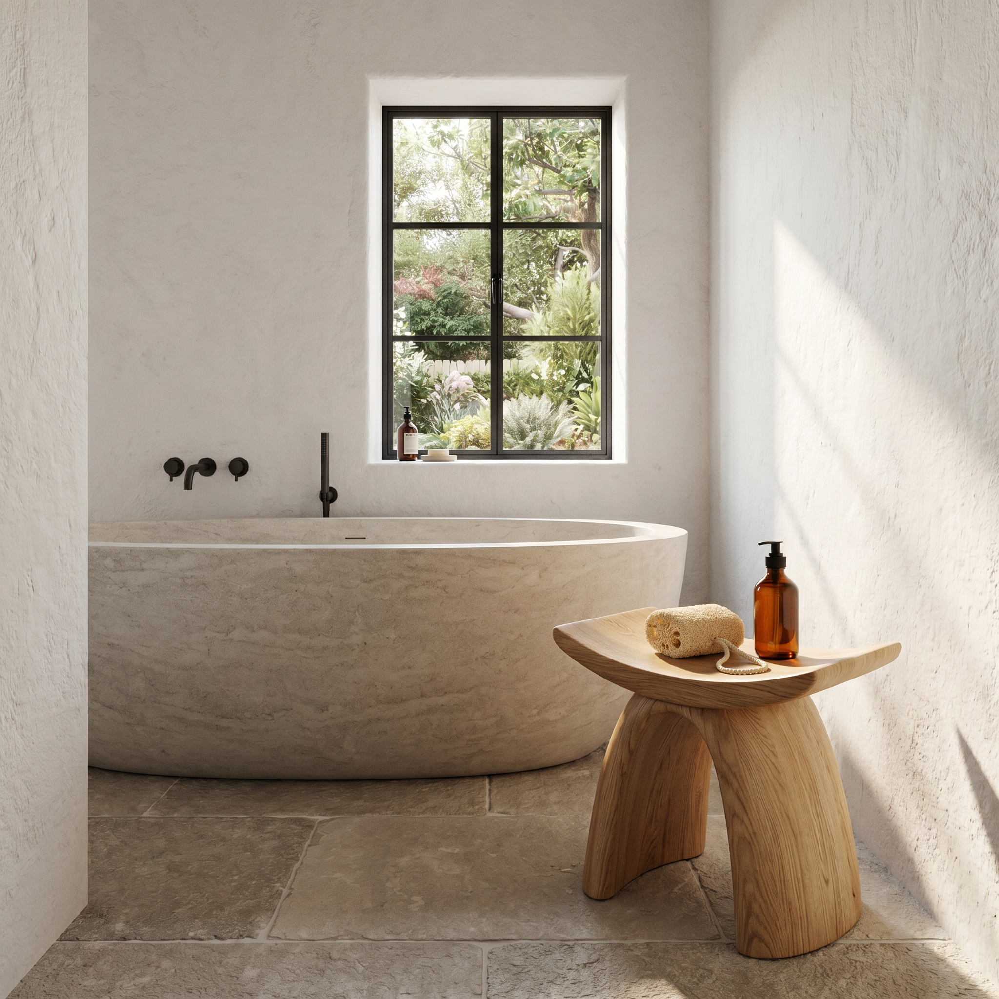 Organic Modern Shower Stool With Sculptural Wood Base For Bathroom SINLHAWS015
