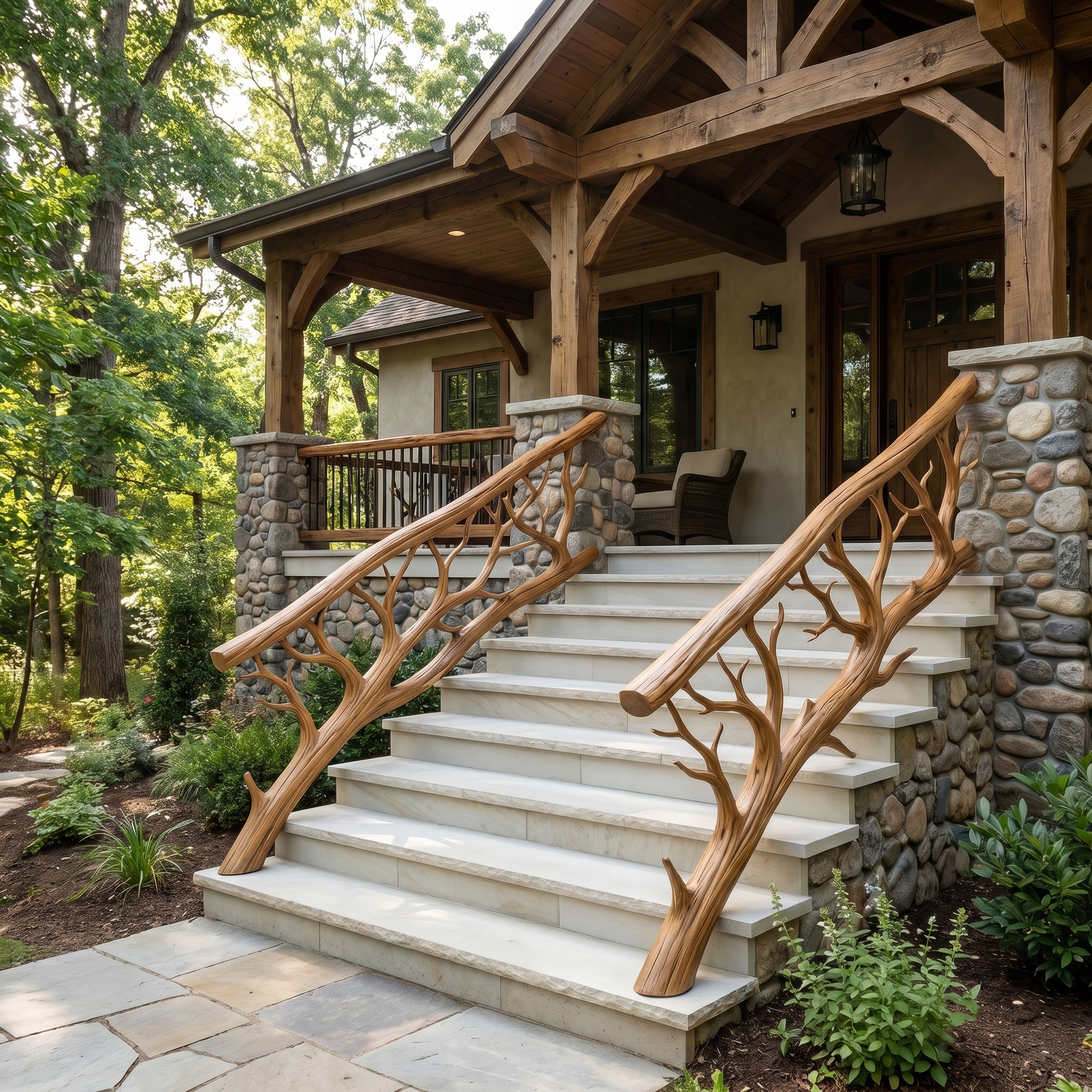 Rustic Tree Branch Stair Railing With Organic Wood Design For Interior Staircase SINLHAST013