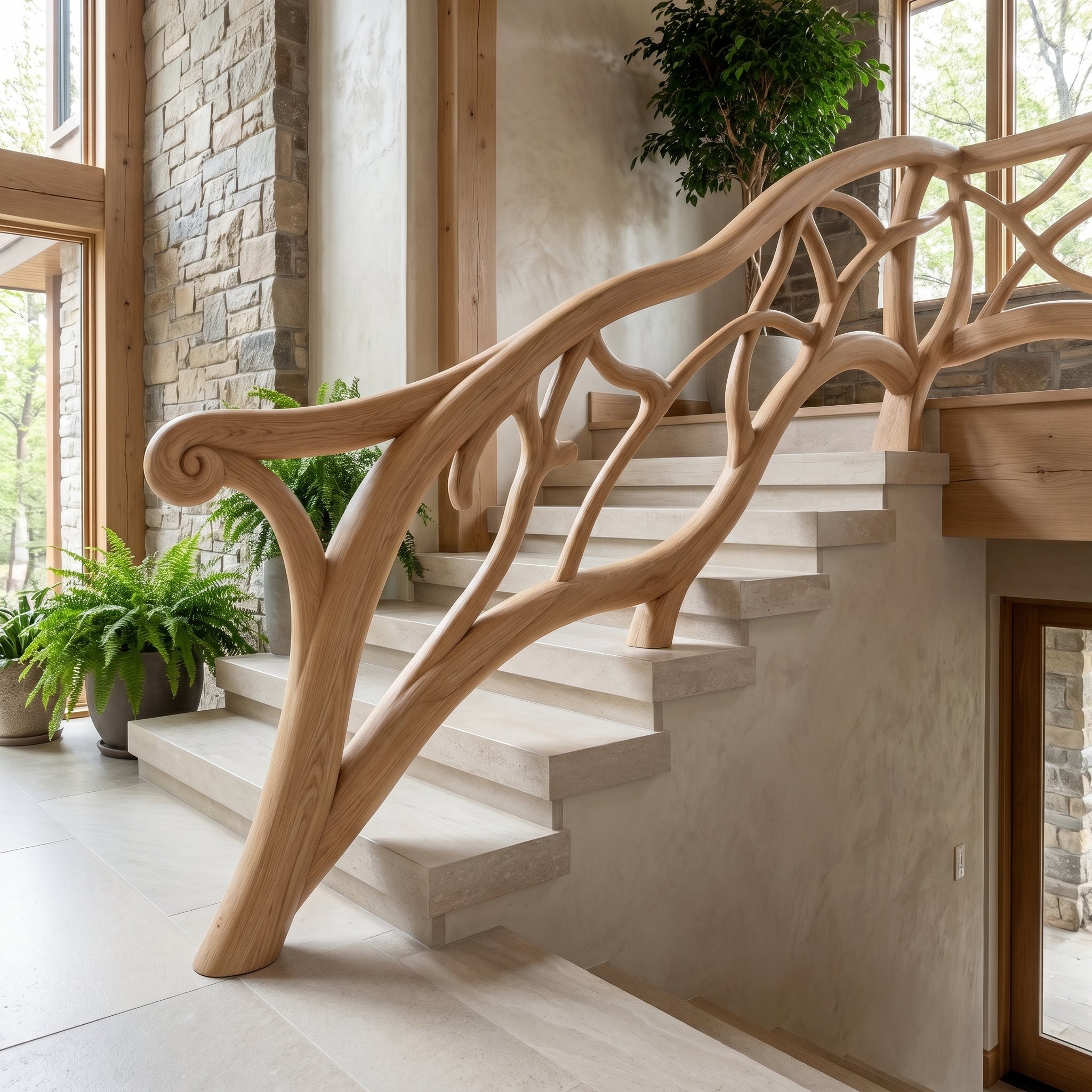 Artistic Tree Branch Stair Railing With Sculptural Wood Design For Interior Staircase SINLHAST014